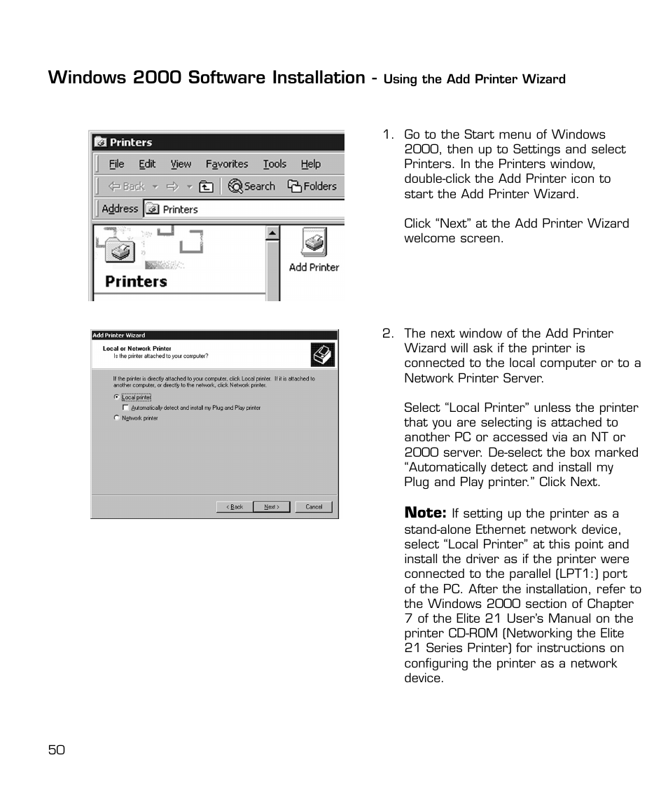 Via the add printer wizard, Windows 2000 software installation | GCC Printers 21 Series User Manual | Page 53 / 95