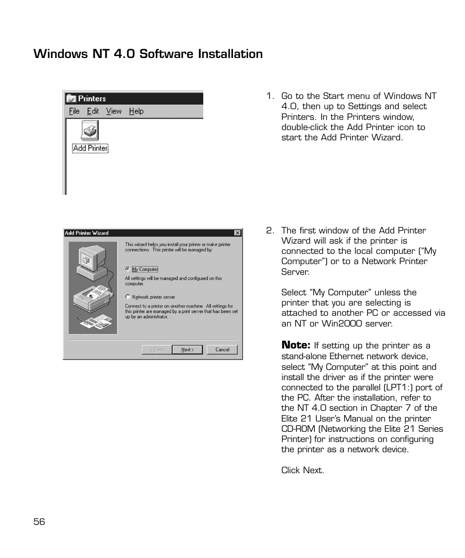 Windows nt 4.0 software installation | GCC Printers 21 Series User Manual | Page 59 / 95