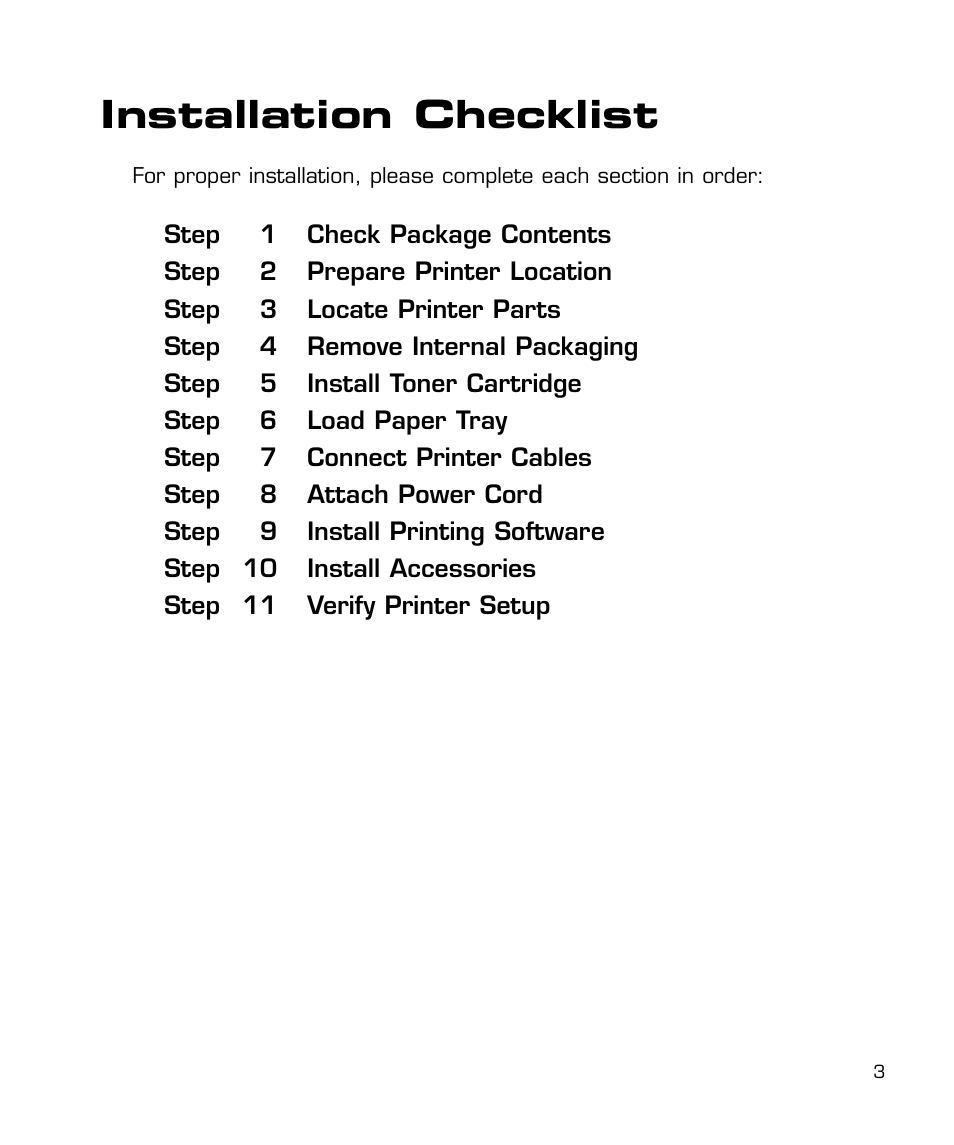 Installation checklist | GCC Printers 21 Series User Manual | Page 6 / 95