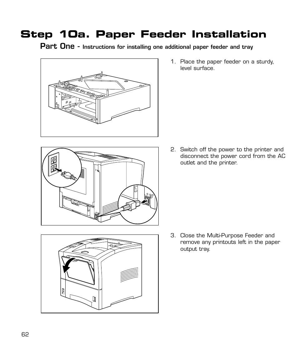 10a. paper feeder installation, Installing one additional tray, Step 10a. paper feeder installation | Part one | GCC Printers 21 Series User Manual | Page 65 / 95