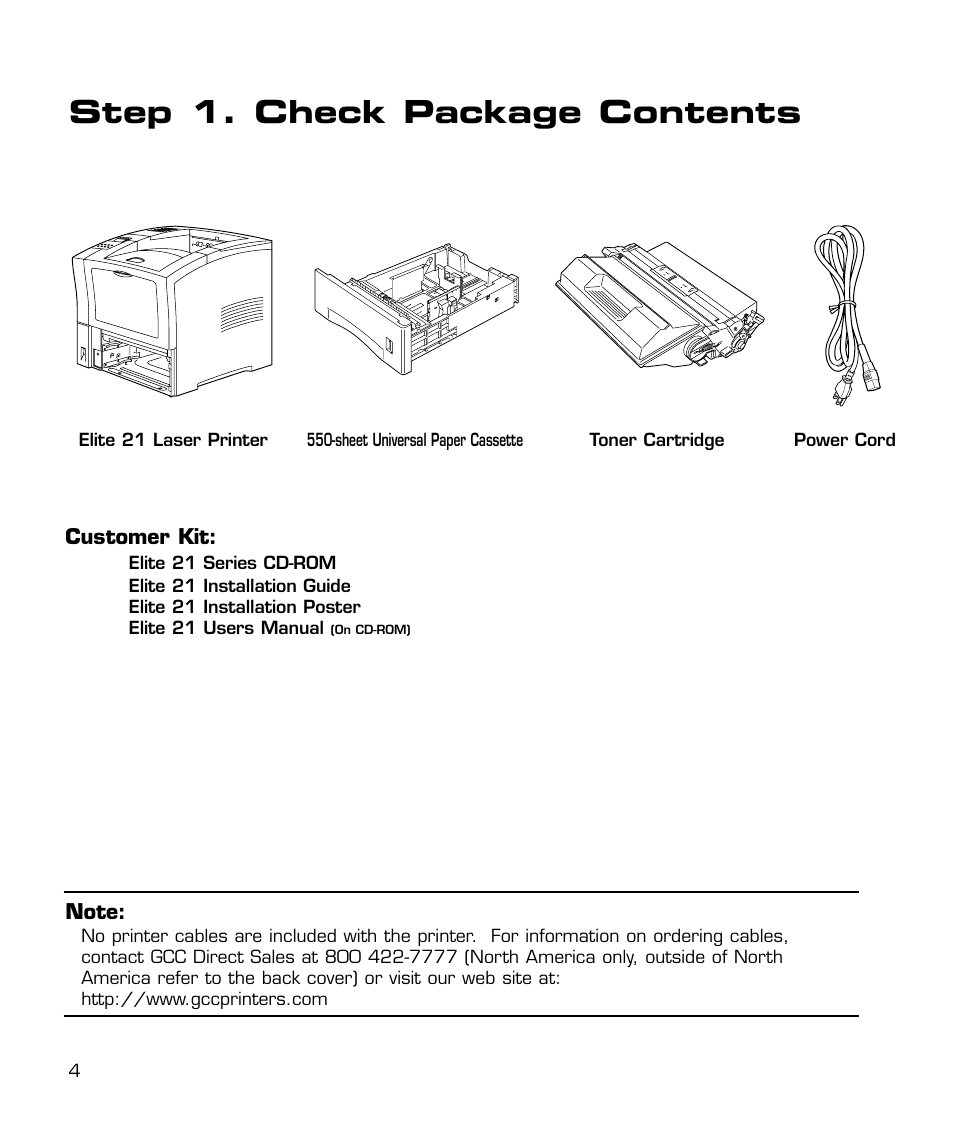 Check package contents, Step 1. check package contents | GCC Printers 21 Series User Manual | Page 7 / 95