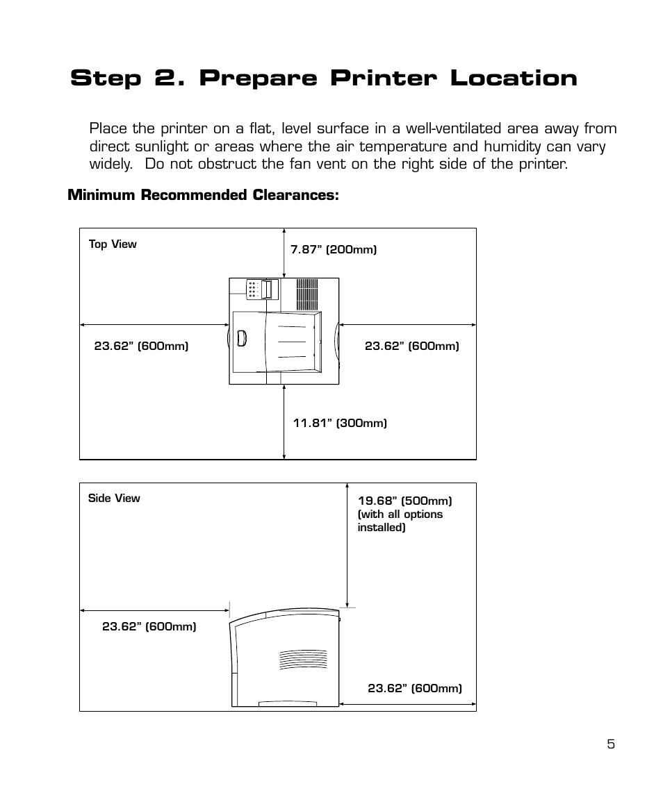 Prepare printer location, Step 2. prepare printer location, Minimum recommended clearances | GCC Printers 21 Series User Manual | Page 8 / 95