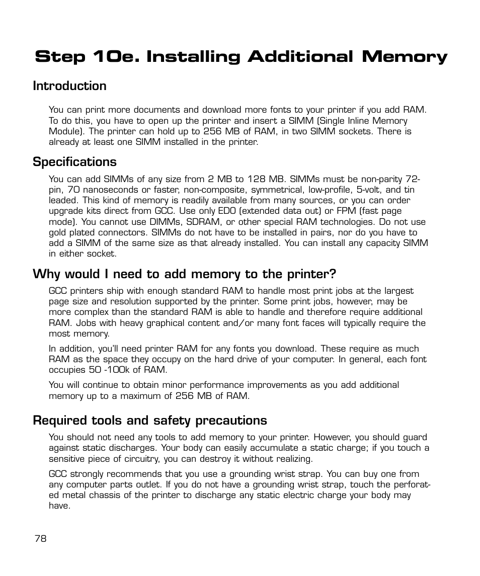 10e. installing additional memory, Introduction, Specifications | Required tools and safety precautions | GCC Printers 21 Series User Manual | Page 81 / 95