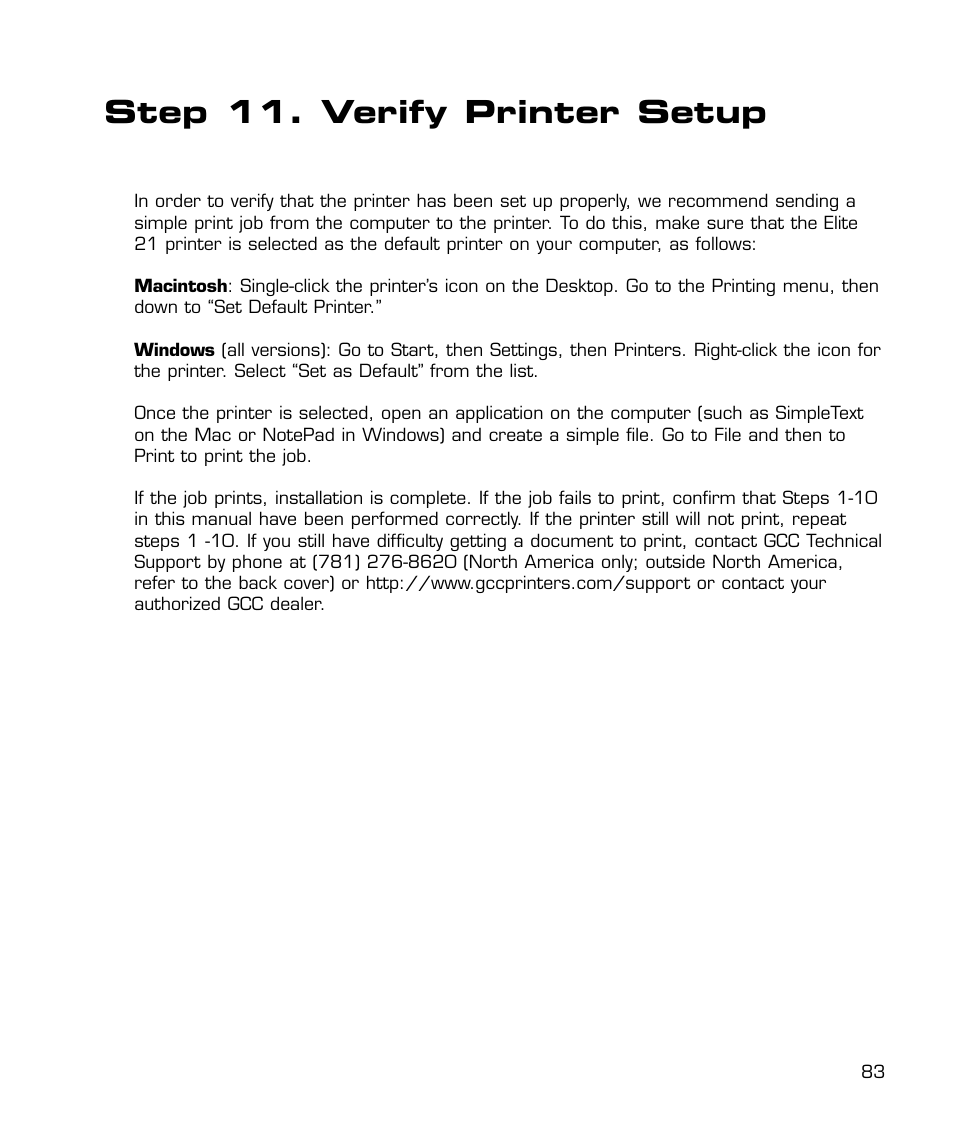 Verify printer setup, Step 11. verify printer setup | GCC Printers 21 Series User Manual | Page 86 / 95