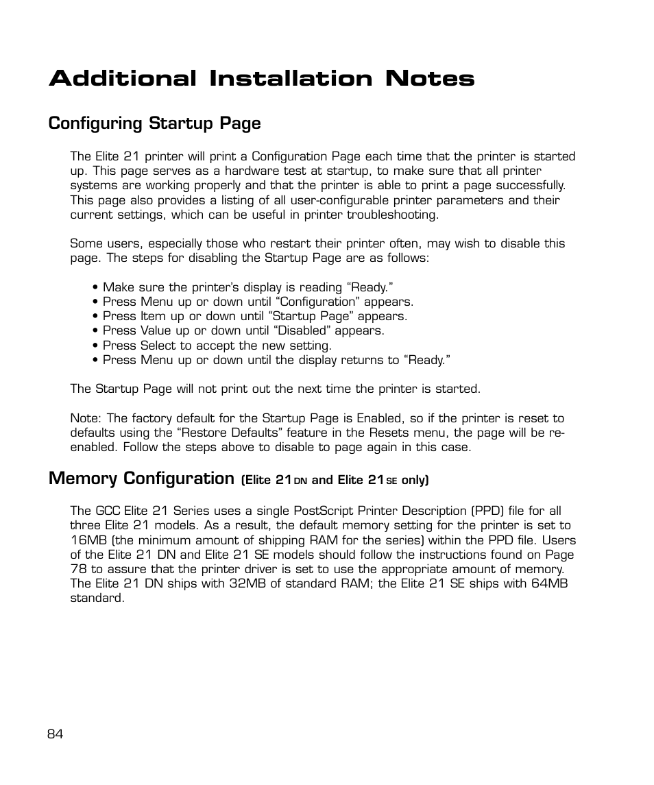 Additional installation notes, Memory configuration (elite 21 dn and se only), Configuring startup page | GCC Printers 21 Series User Manual | Page 87 / 95