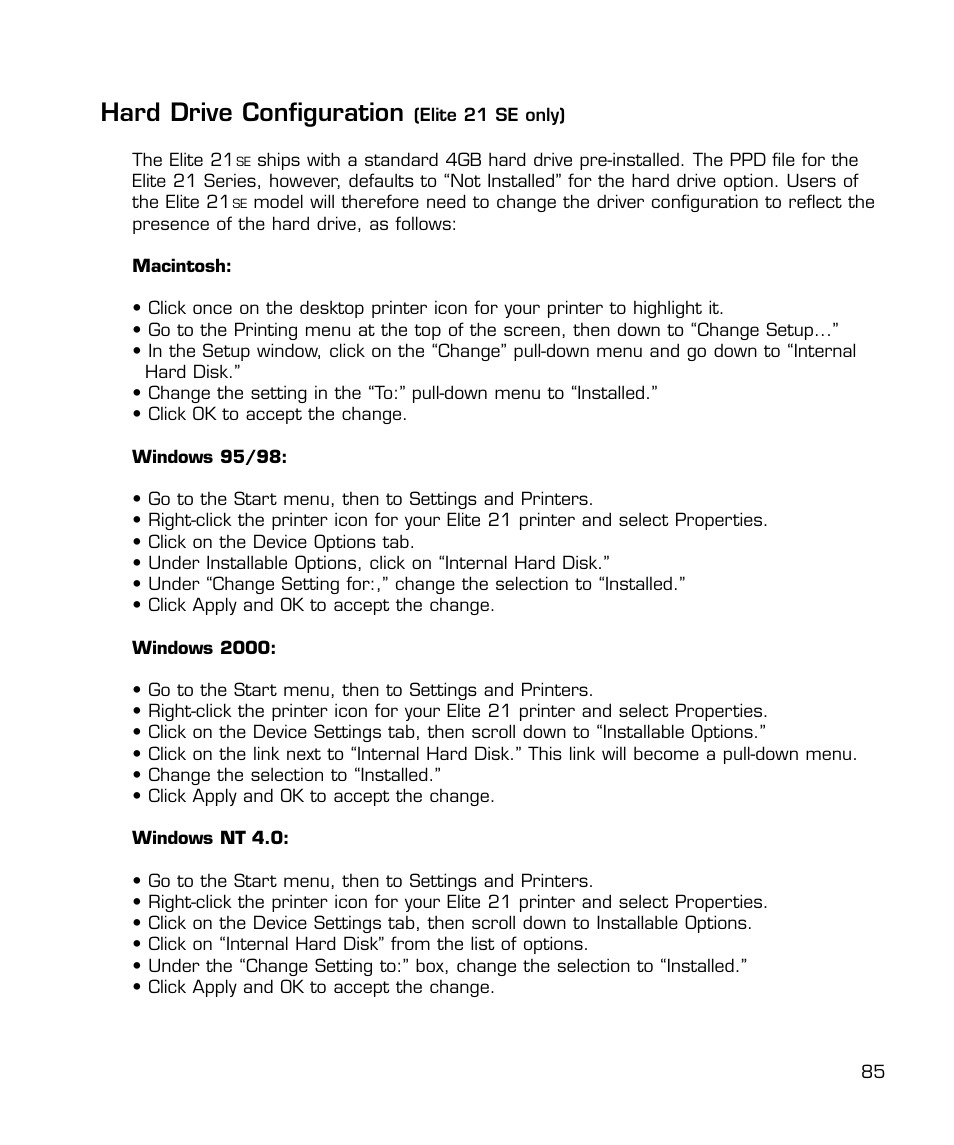 Hard drive configuration (elite 21 se only), Hard drive configuration | GCC Printers 21 Series User Manual | Page 88 / 95