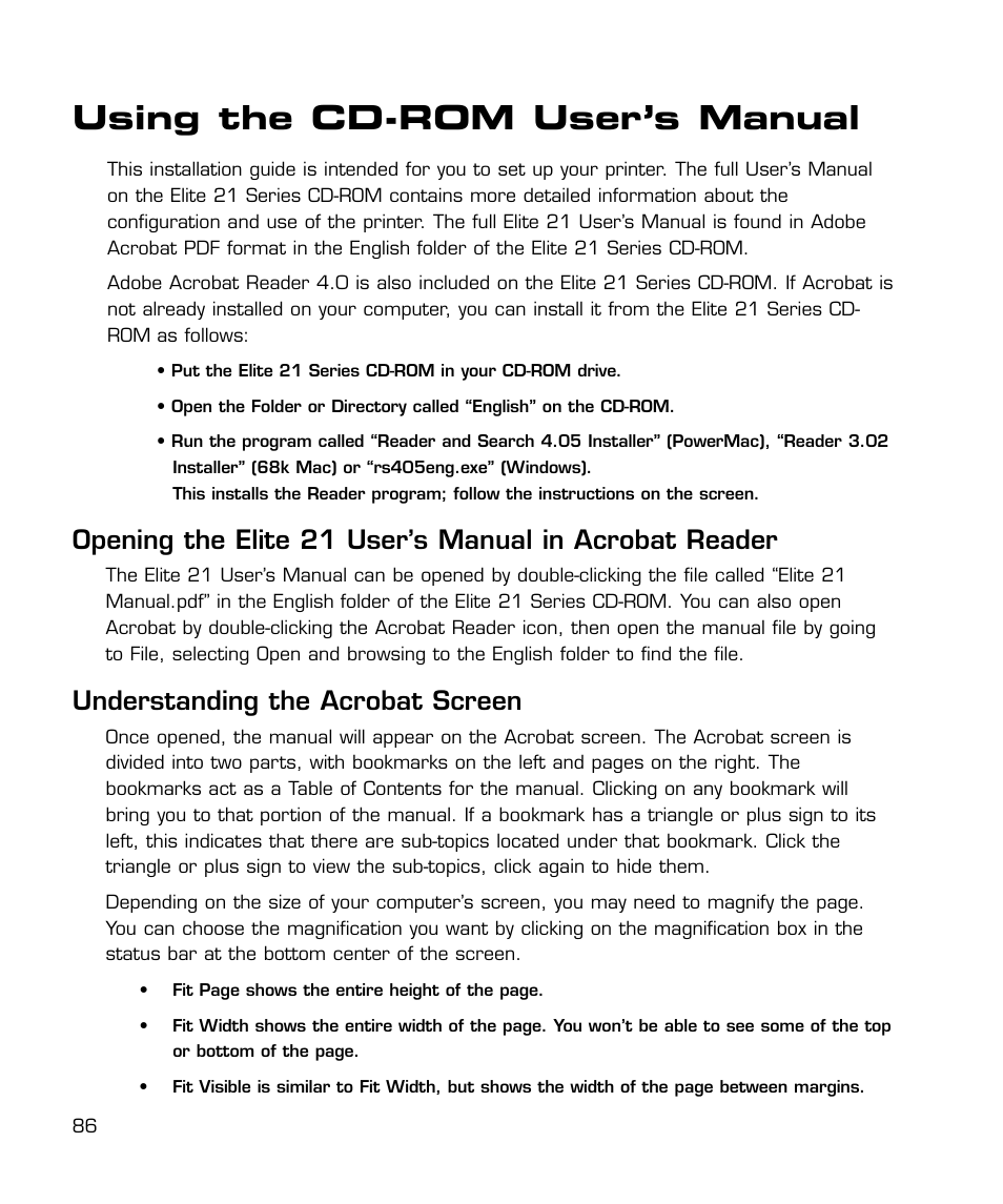 Using the cd-rom user's manual, Using the cd-rom user’s manual, Understanding the acrobat screen | GCC Printers 21 Series User Manual | Page 89 / 95