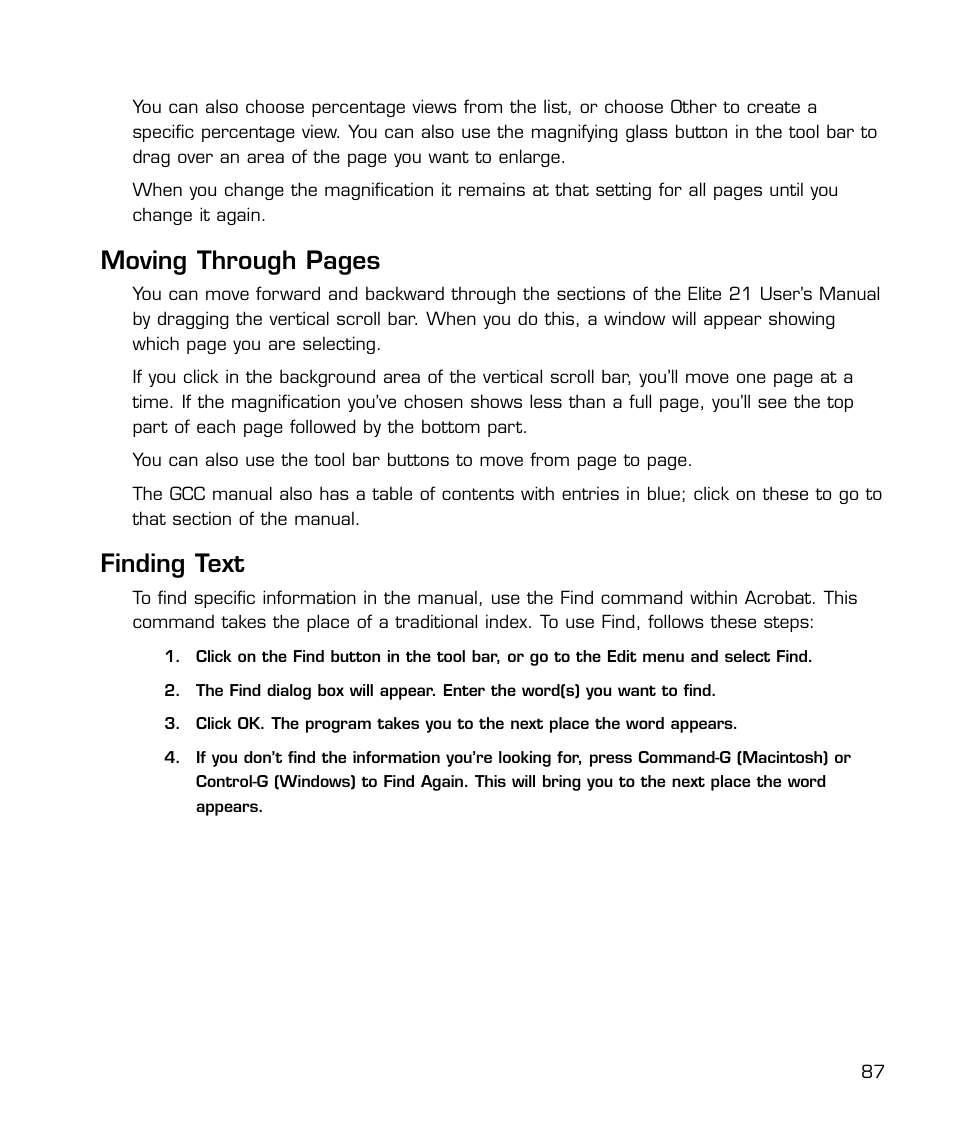 Moving through pages, Finding text | GCC Printers 21 Series User Manual | Page 90 / 95