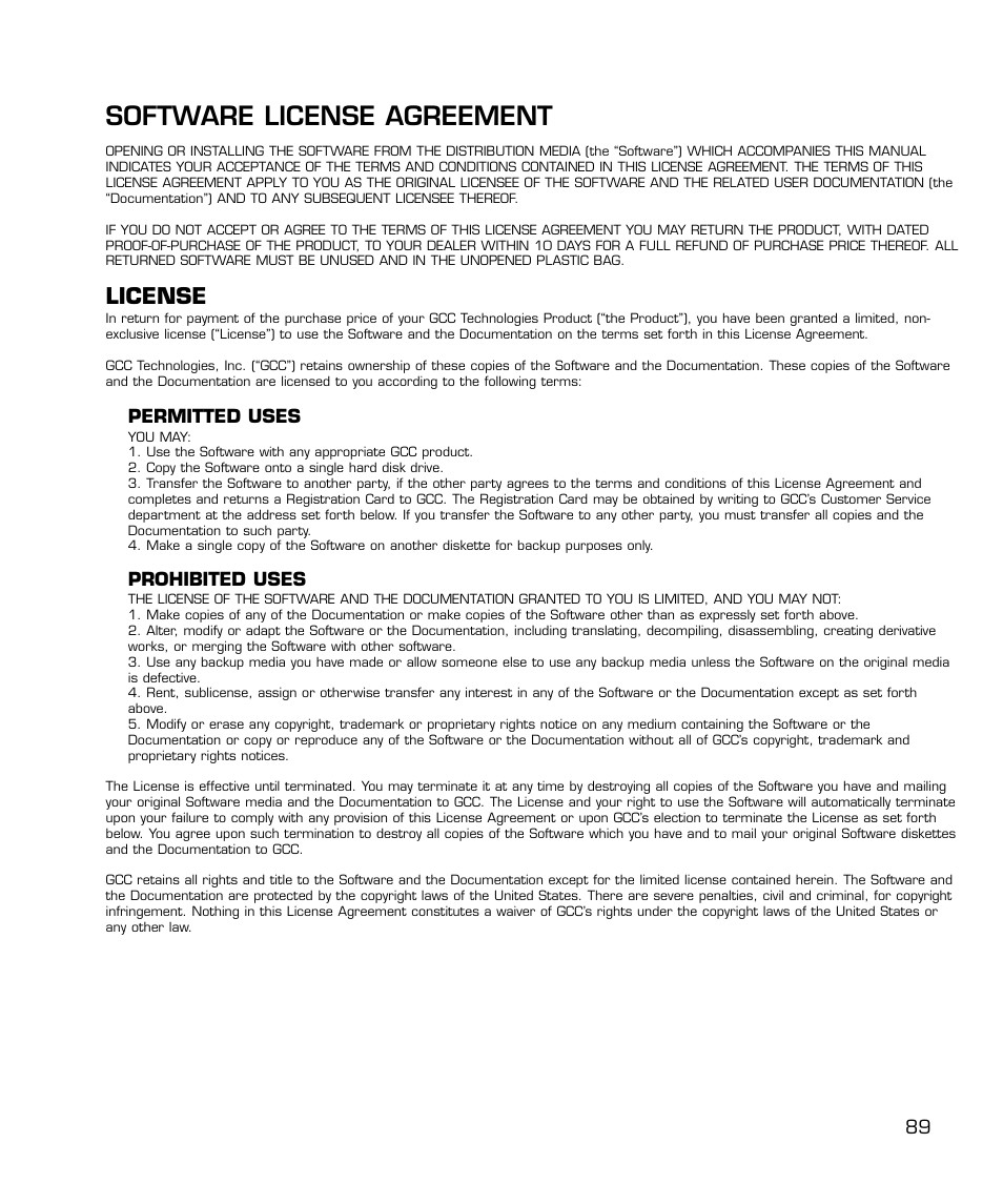 Warranties and licenses, Software license agreement, License | GCC Printers 21 Series User Manual | Page 92 / 95