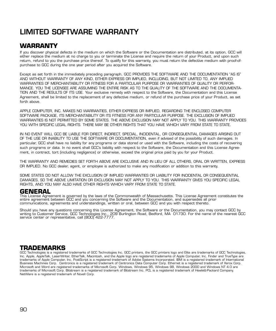 Limited software warranty, Warranty, General | Trademarks | GCC Printers 21 Series User Manual | Page 93 / 95