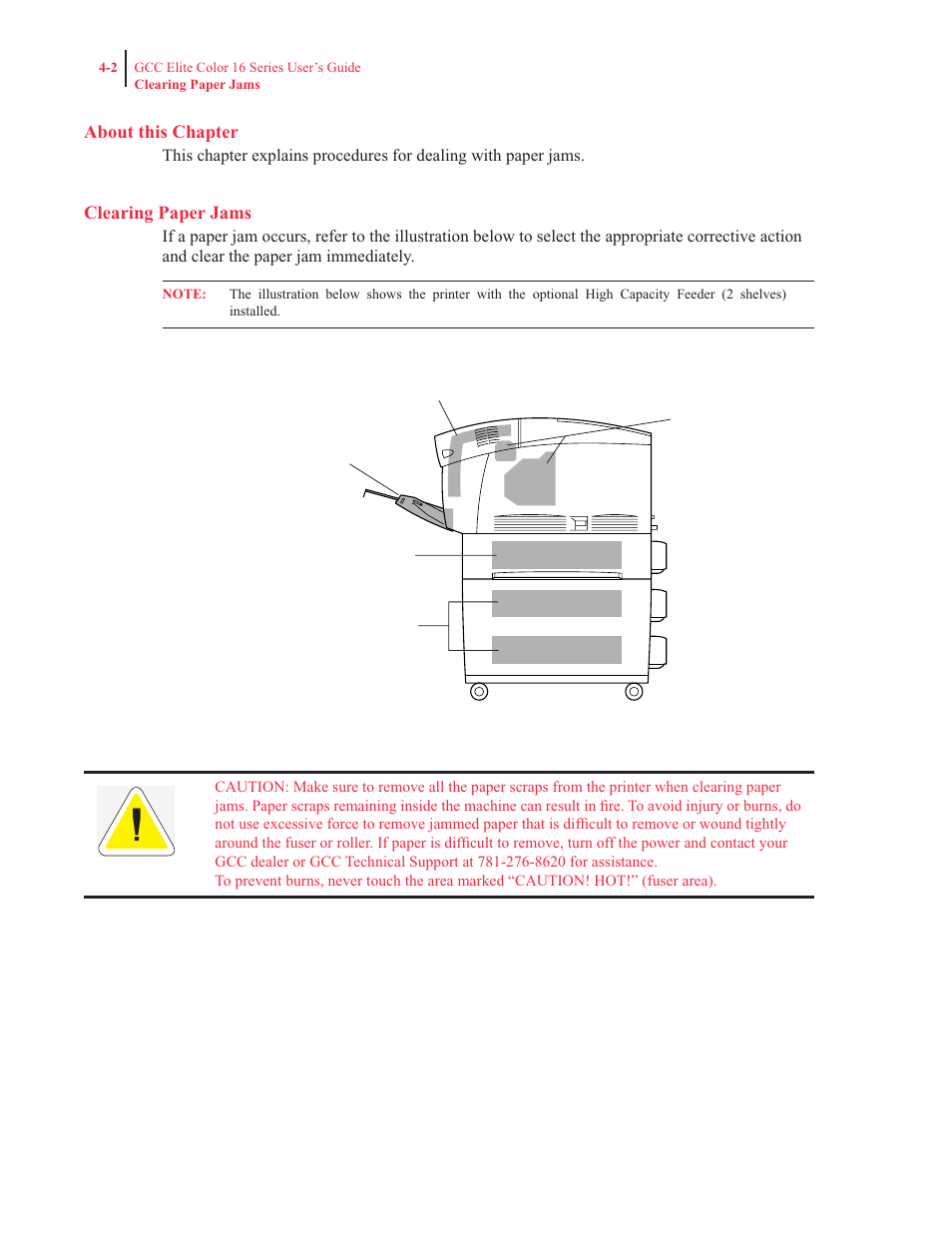 About this chapter, Clearing paper jams | GCC Printers 16 User Manual | Page 100 / 196