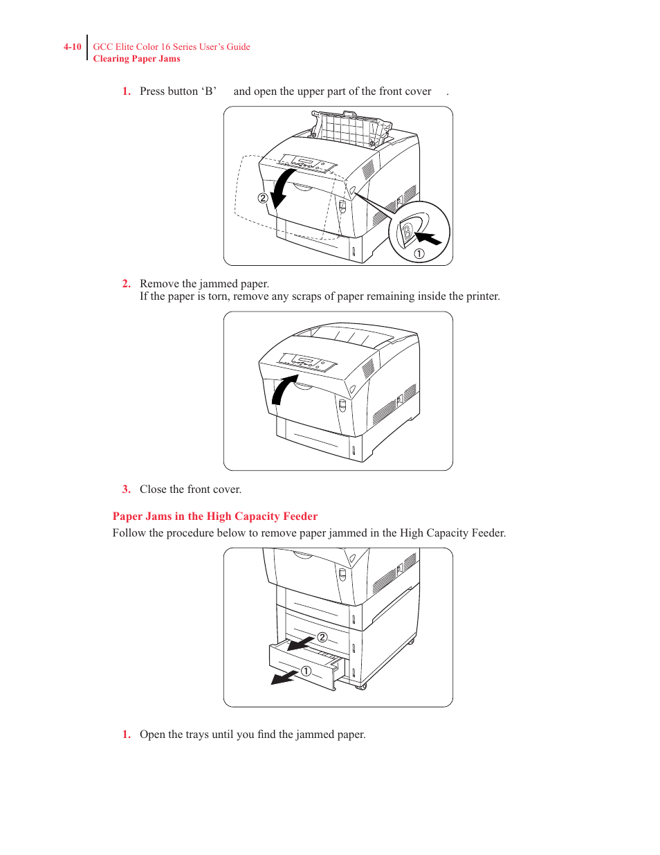 Paper jams in the high capacity feeder (2 shelves) | GCC Printers 16 User Manual | Page 108 / 196