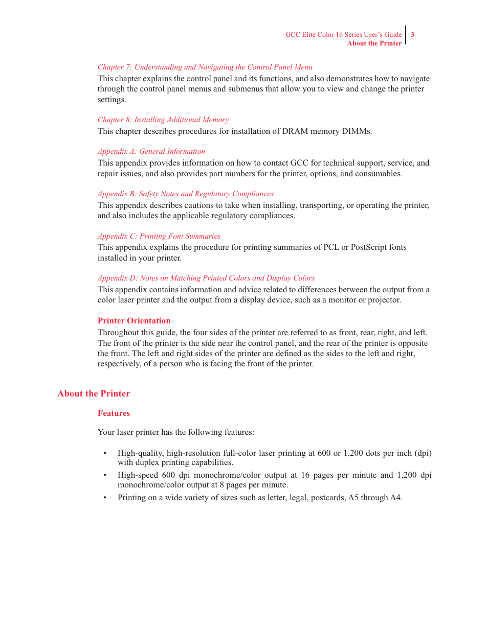 About the printer, Features | GCC Printers 16 User Manual | Page 11 / 196