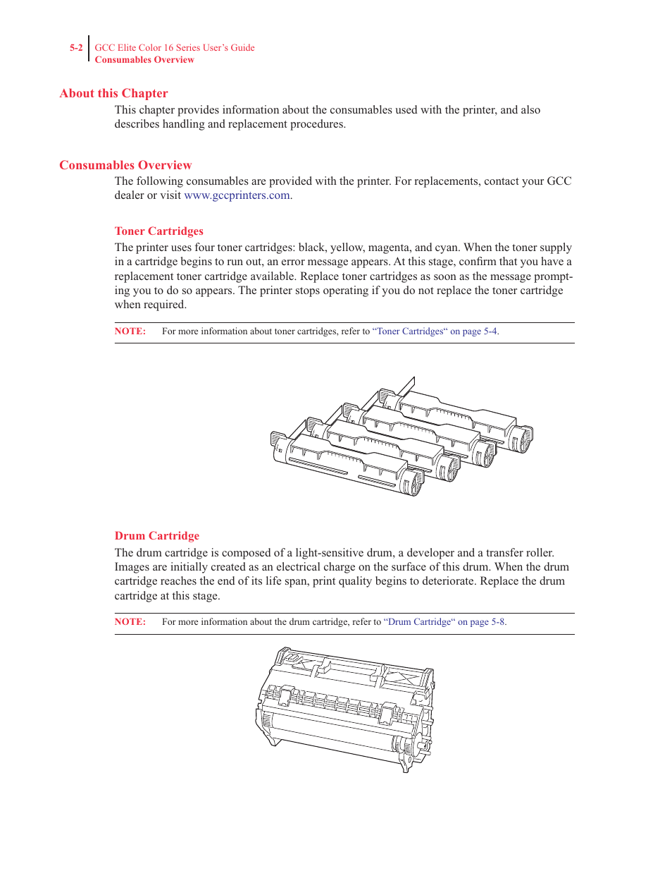 About this chapter, Consumables overview, Toner cartridges | Drum cartridge | GCC Printers 16 User Manual | Page 112 / 196