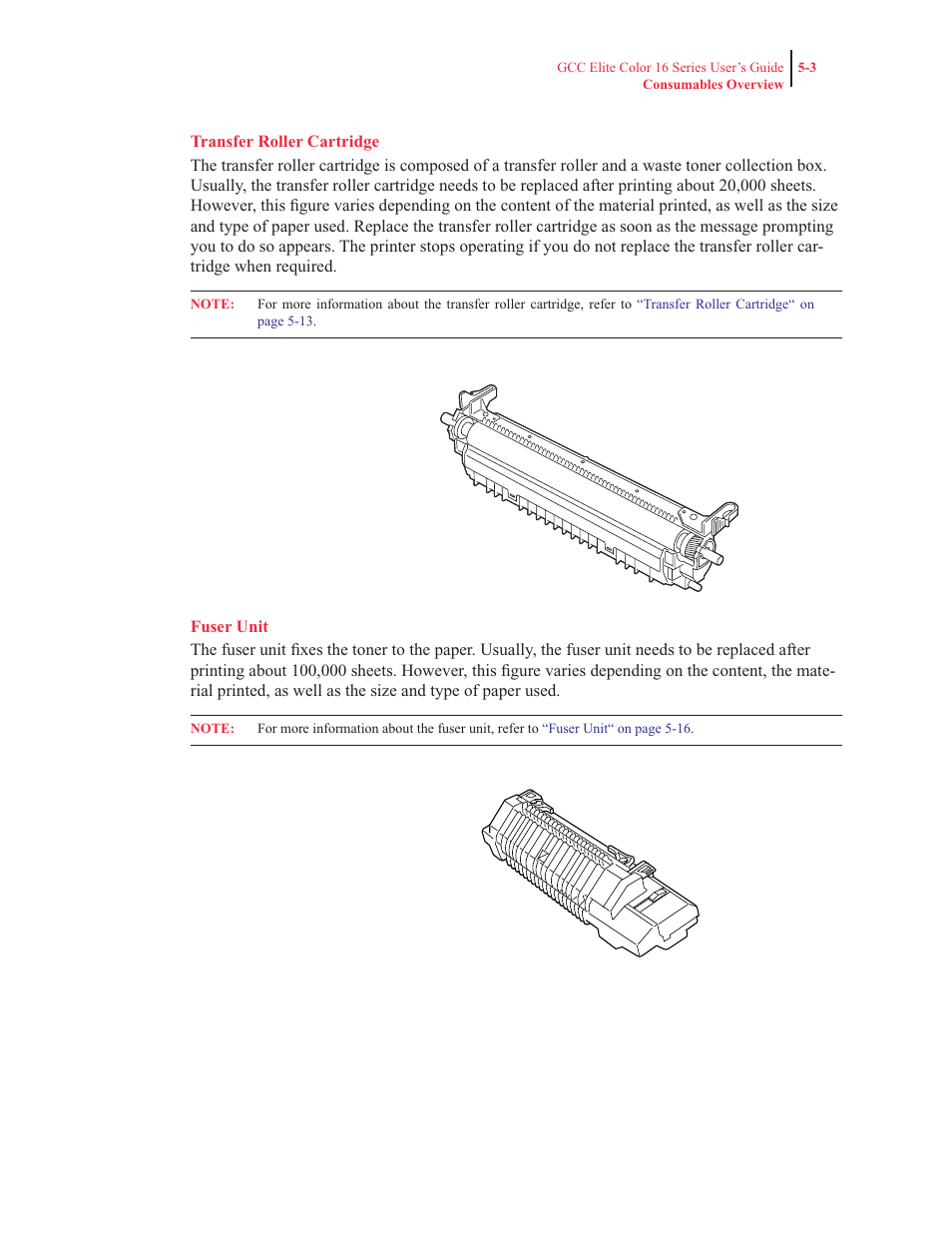 Transfer roller cartridge, Fuser unit | GCC Printers 16 User Manual | Page 113 / 196