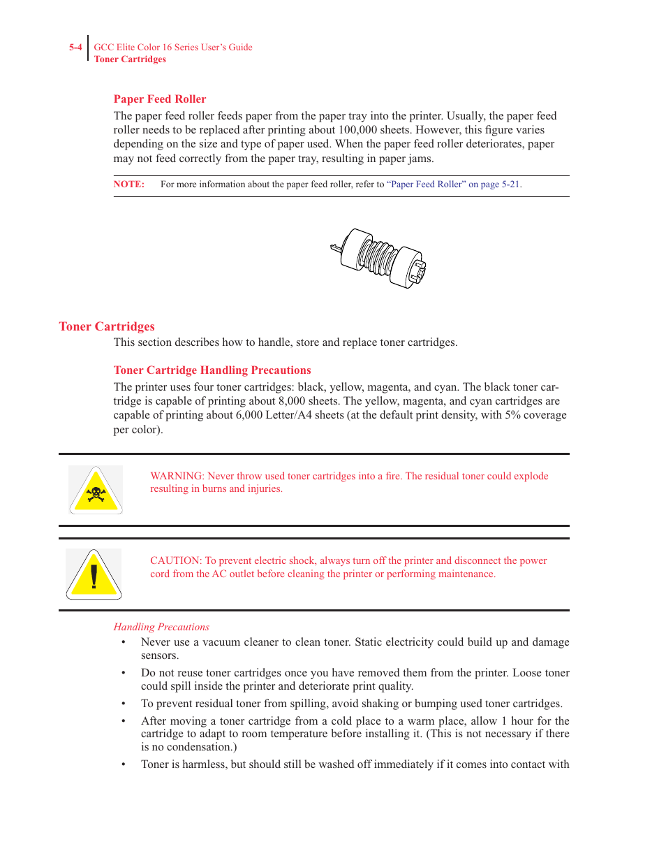 Paper feed roller, Toner cartridges, Toner cartridge handling precautions | See “paper feed roller” on | GCC Printers 16 User Manual | Page 114 / 196