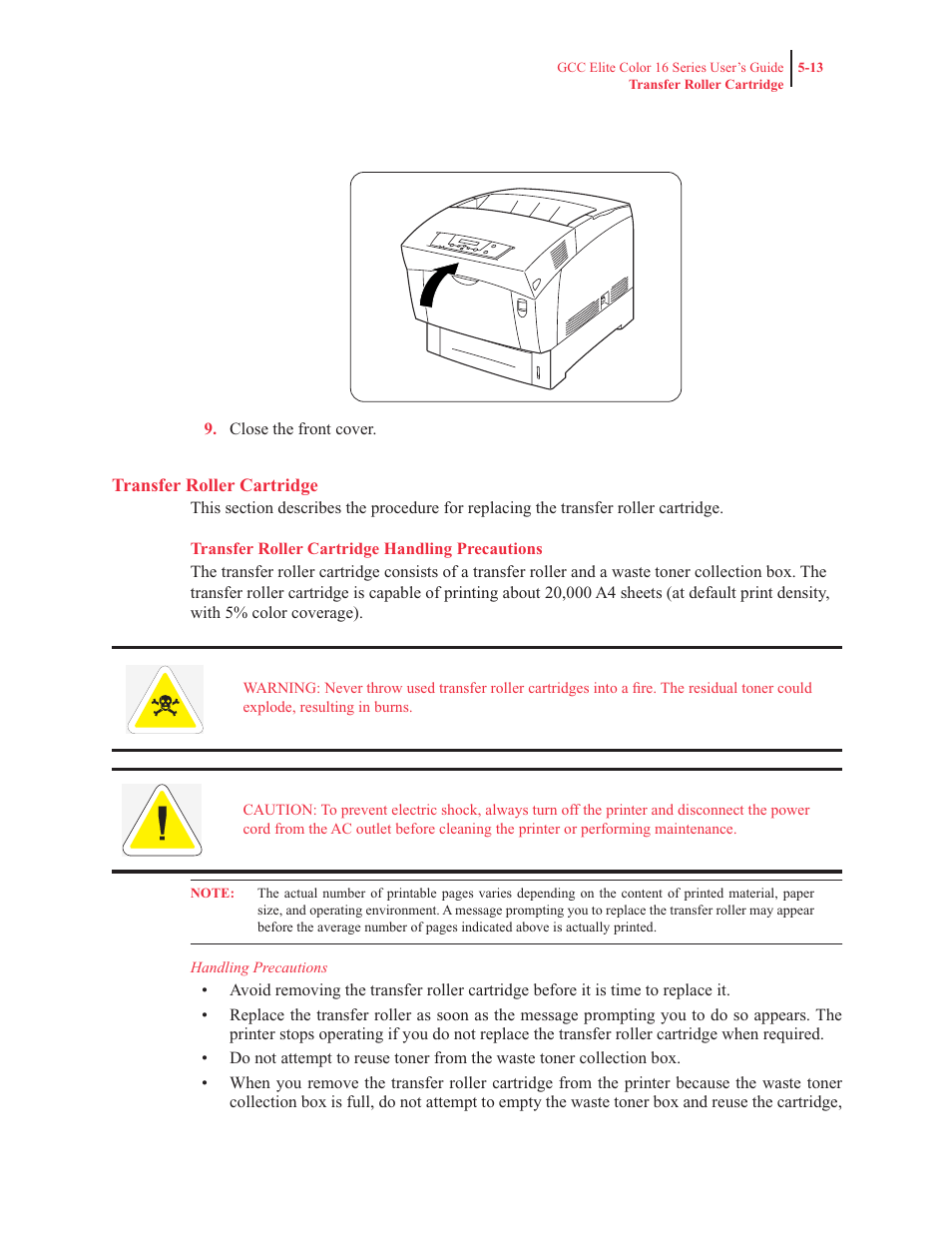 Transfer roller cartridge, Transfer roller cartridge handling precautions, Transfer roller cartridge“ on | GCC Printers 16 User Manual | Page 123 / 196