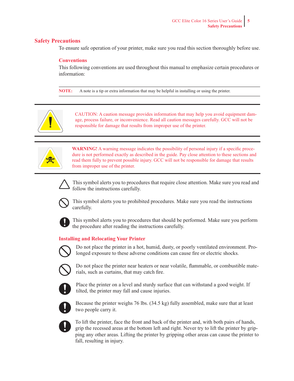 Safety precautions, Conventions, Installing and relocating your printer | GCC Printers 16 User Manual | Page 13 / 196