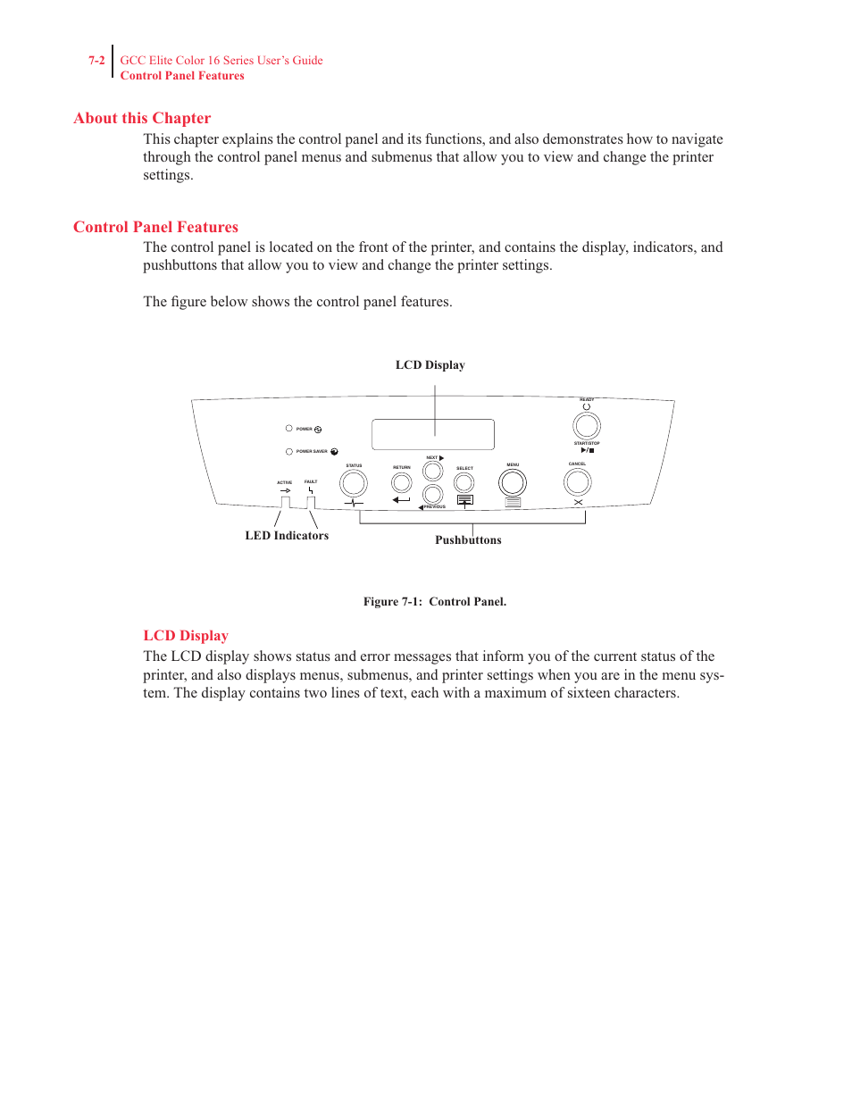 About this chapter, Control panel features, Lcd display | GCC Printers 16 User Manual | Page 149 / 196