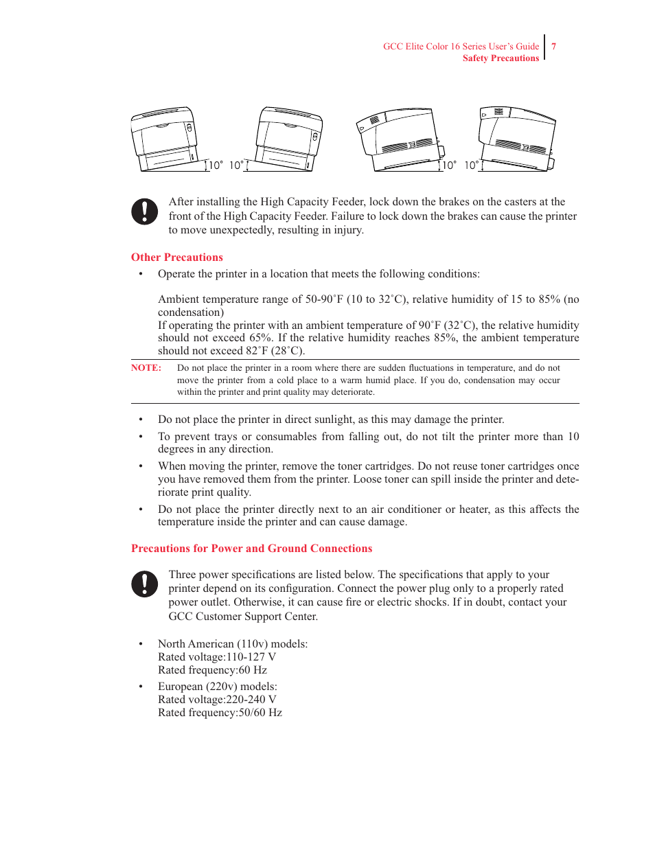 Other precautions, Precautions for power and earth connections | GCC Printers 16 User Manual | Page 15 / 196