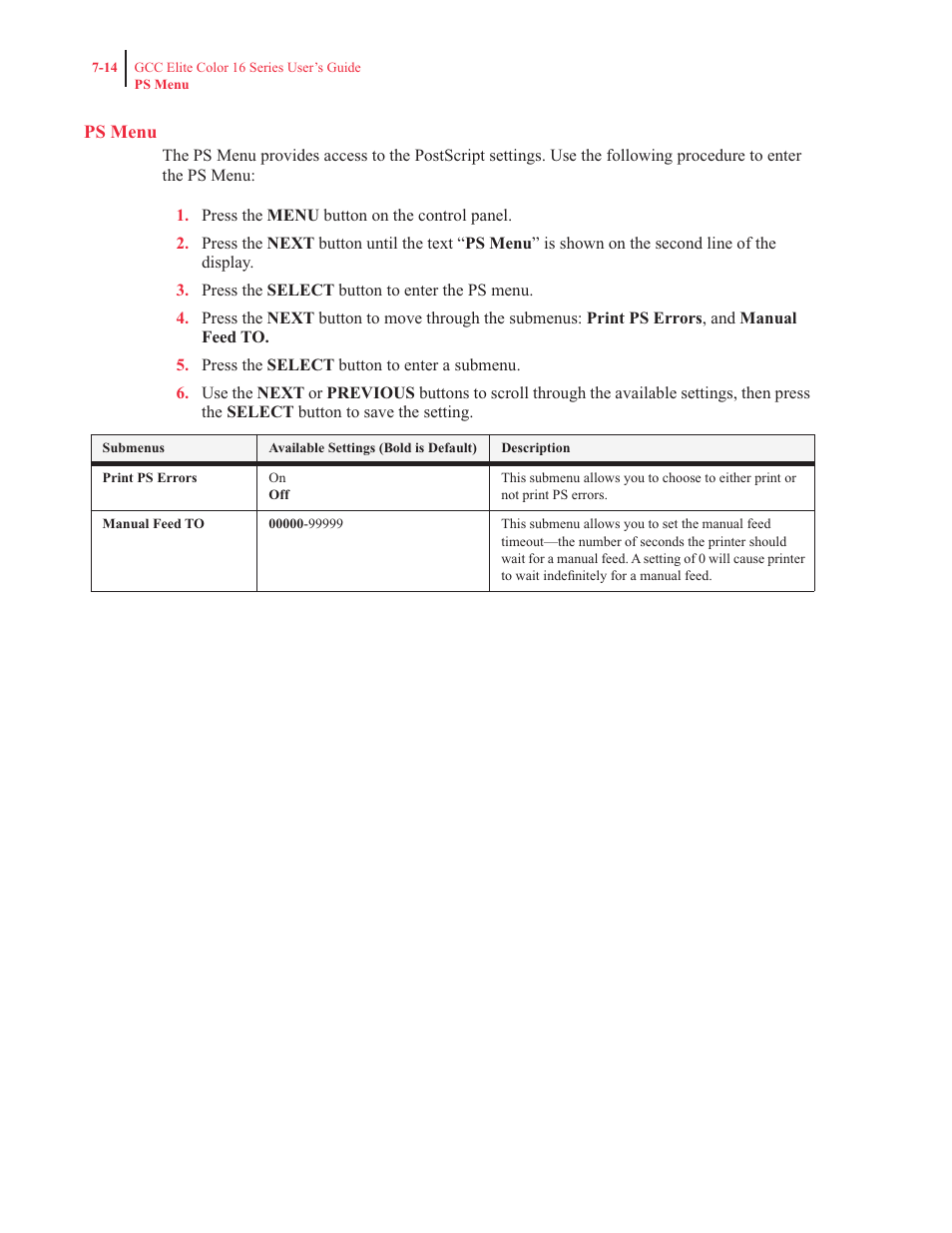 Ps menu | GCC Printers 16 User Manual | Page 161 / 196