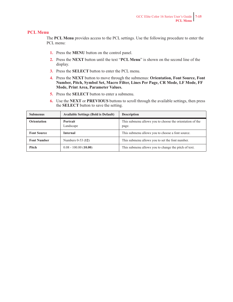 Pcl menu | GCC Printers 16 User Manual | Page 162 / 196