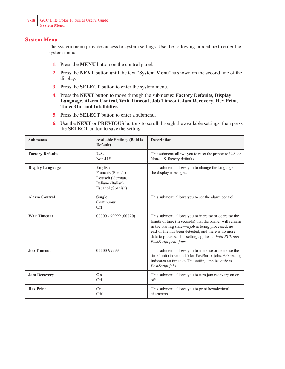 System menu | GCC Printers 16 User Manual | Page 165 / 196