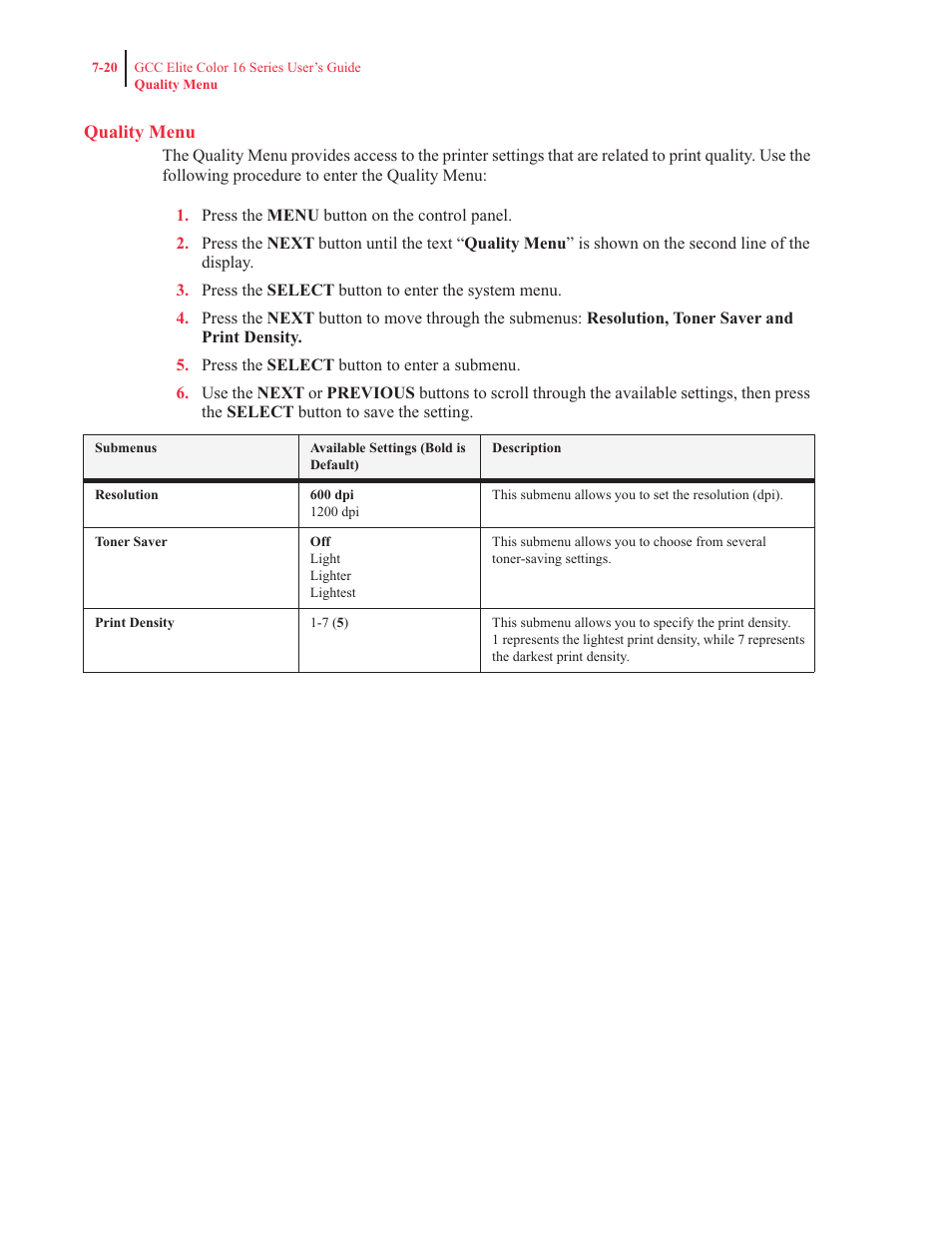 Quality menu | GCC Printers 16 User Manual | Page 167 / 196