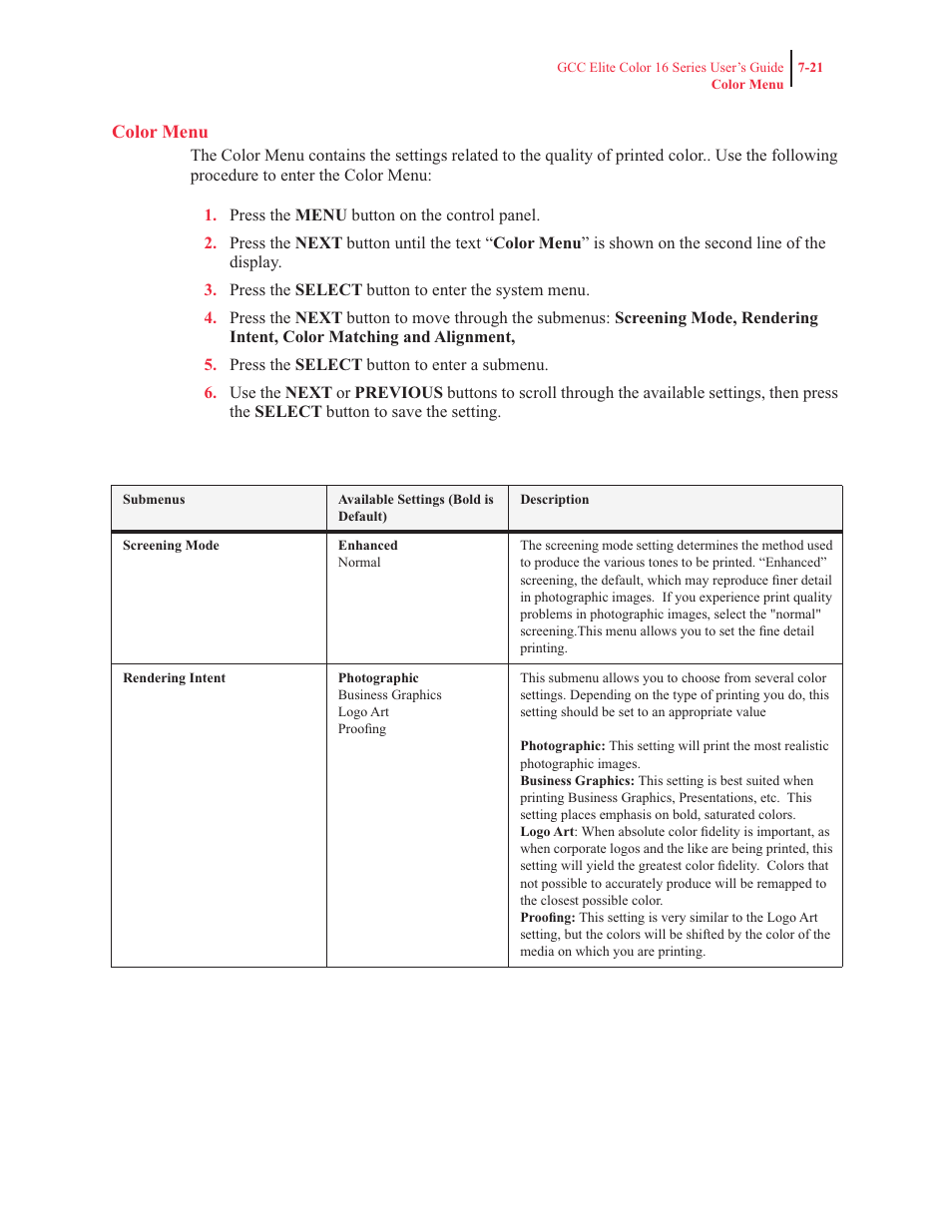 Color menu | GCC Printers 16 User Manual | Page 168 / 196