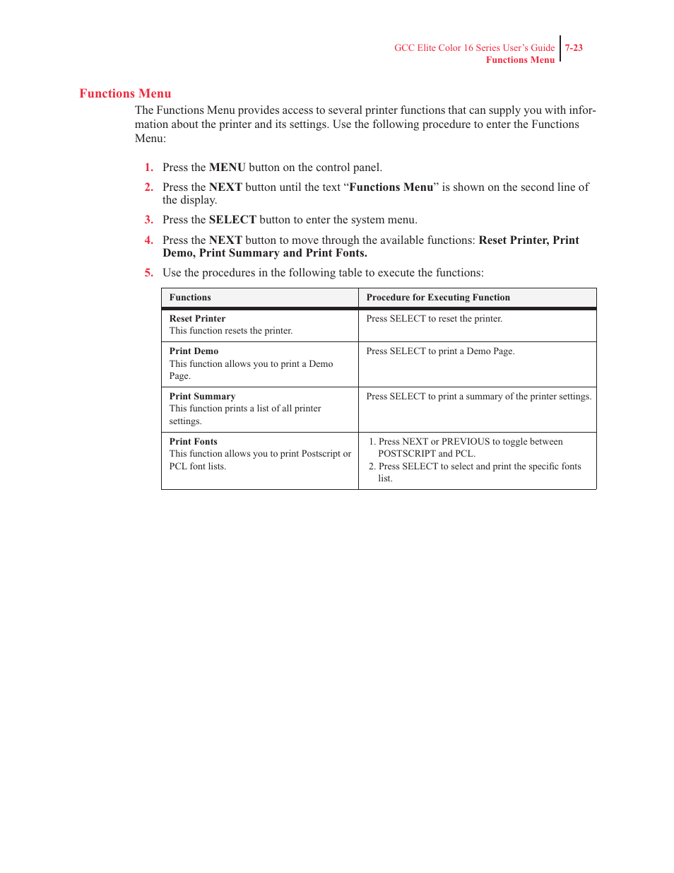 Functions menu | GCC Printers 16 User Manual | Page 170 / 196