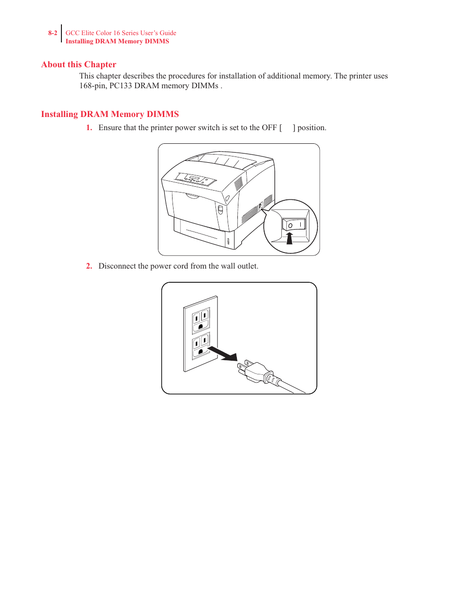 About this chapter, Installing dram memory dimms | GCC Printers 16 User Manual | Page 172 / 196