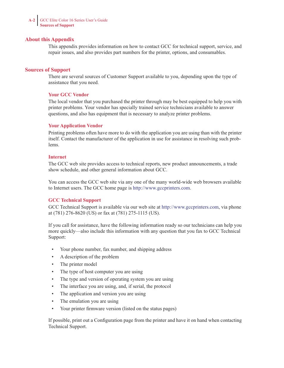 About this appendix, Sources of support, Your gcc vendor | Your application vendor, Internet, Gcc technical support | GCC Printers 16 User Manual | Page 177 / 196