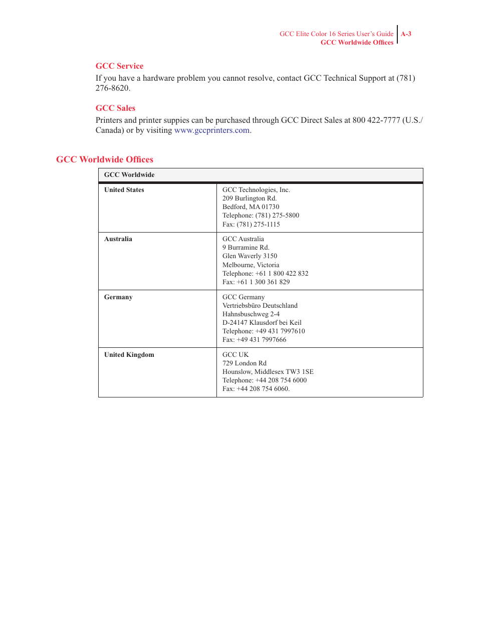 Gcc service, Gcc sales, Gcc worldwide offices | GCC Printers 16 User Manual | Page 178 / 196