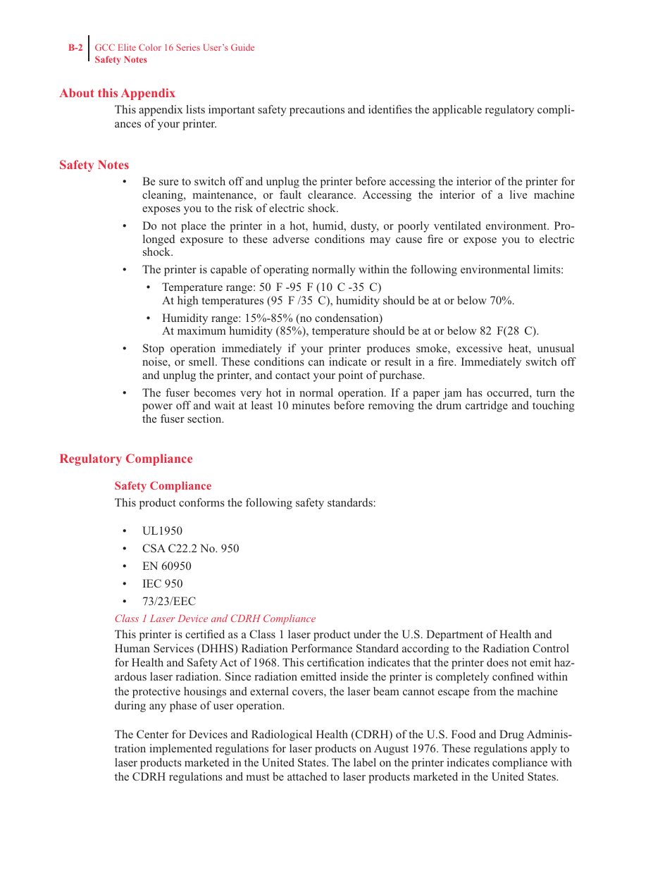 About this appendix, Safety notes, Regulatory compliance | Safety compliance | GCC Printers 16 User Manual | Page 181 / 196
