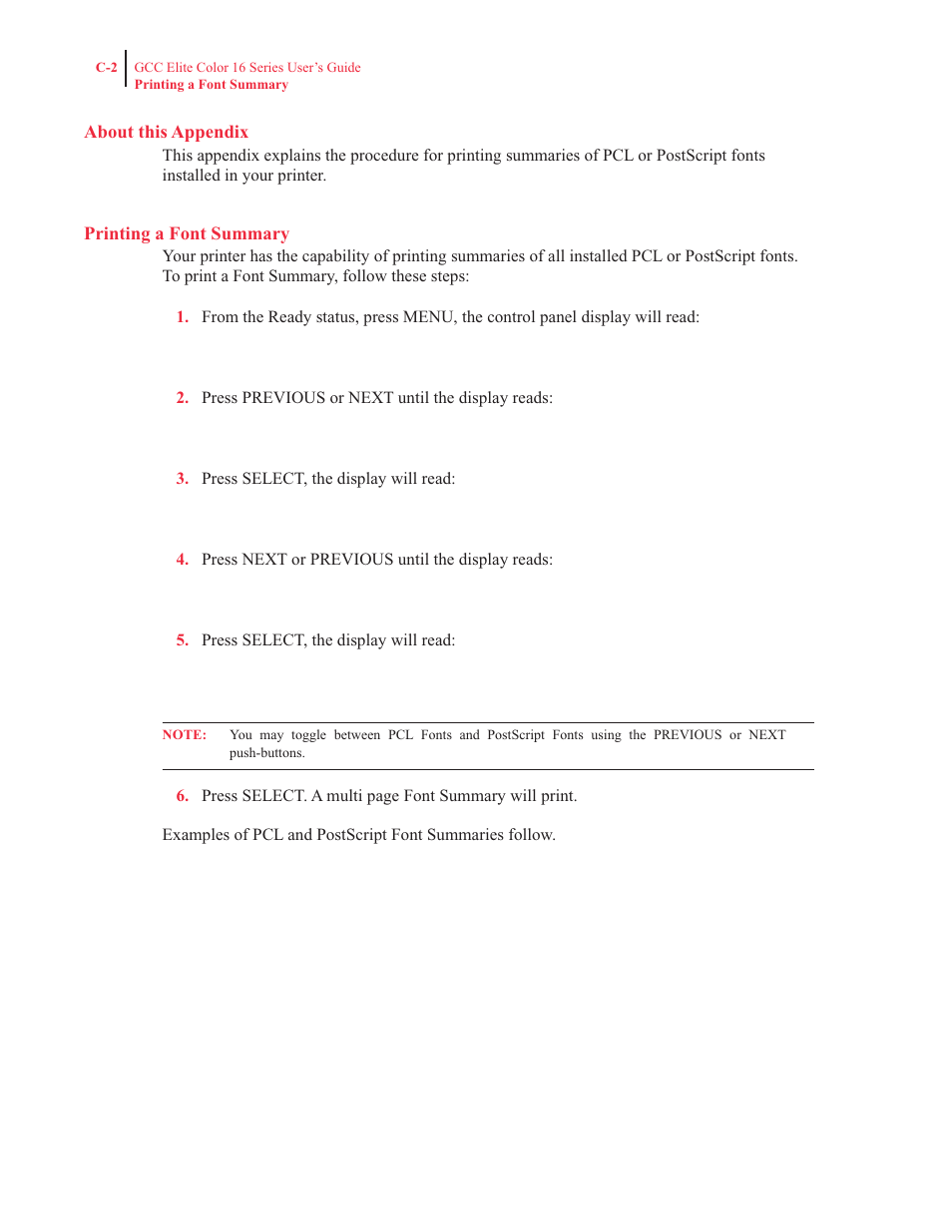 About this appendix, Printing a font summary | GCC Printers 16 User Manual | Page 184 / 196