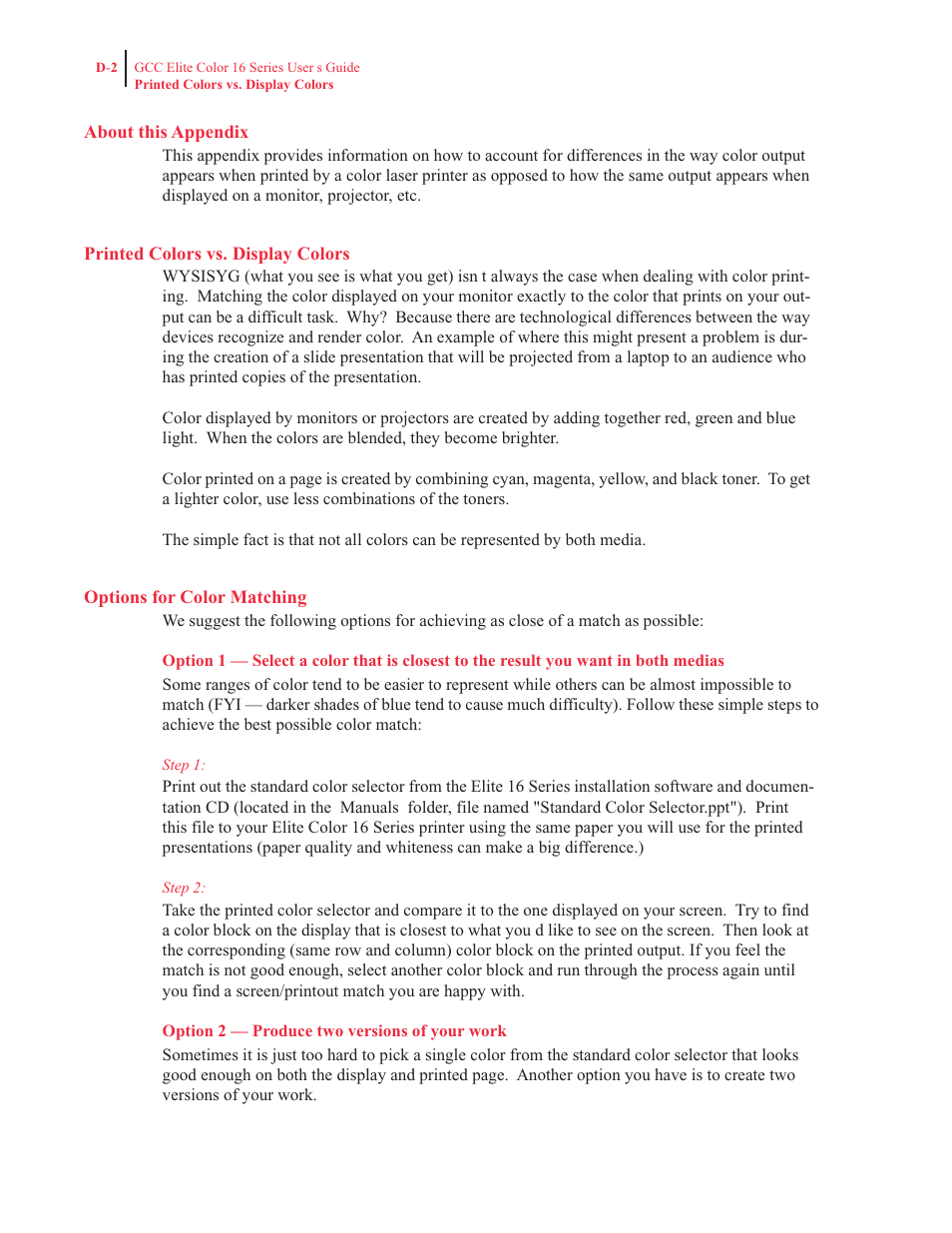 About this appendix, Printed colors vs. display colors, Options for color matching | GCC Printers 16 User Manual | Page 192 / 196