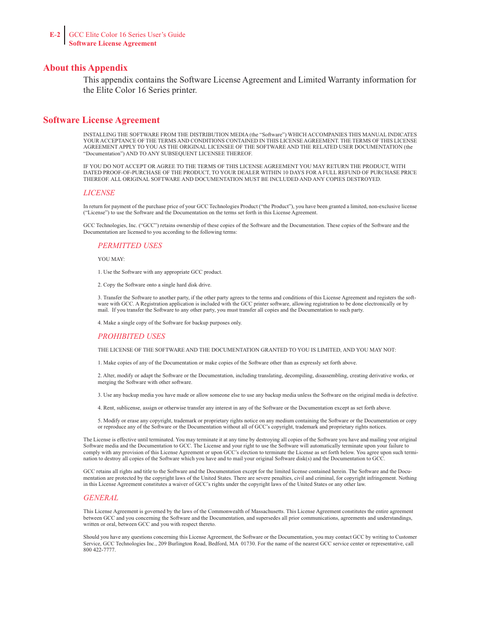 About this appendix, Software license agreement | GCC Printers 16 User Manual | Page 195 / 196