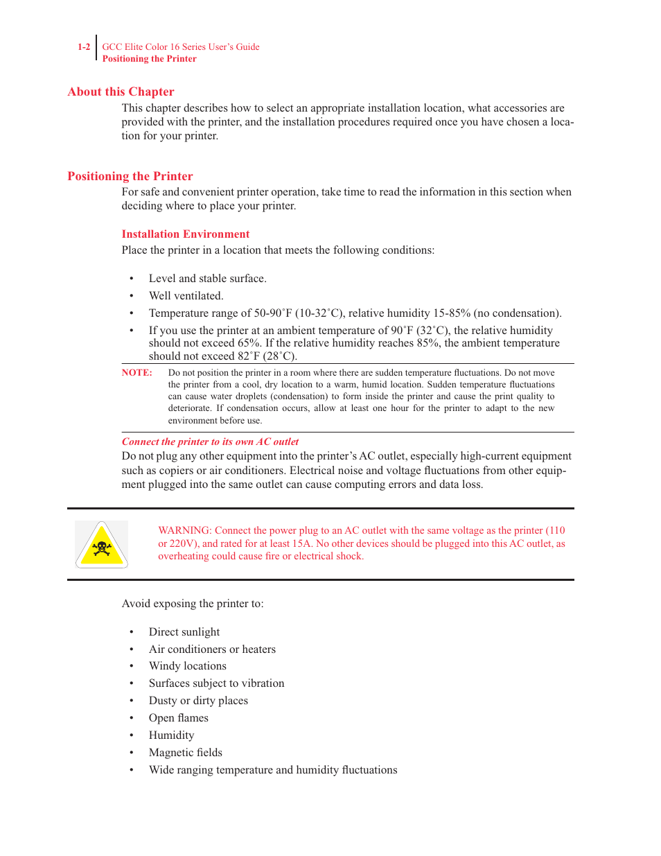 About this chapter, Positioning the printer, Installation environment | GCC Printers 16 User Manual | Page 22 / 196