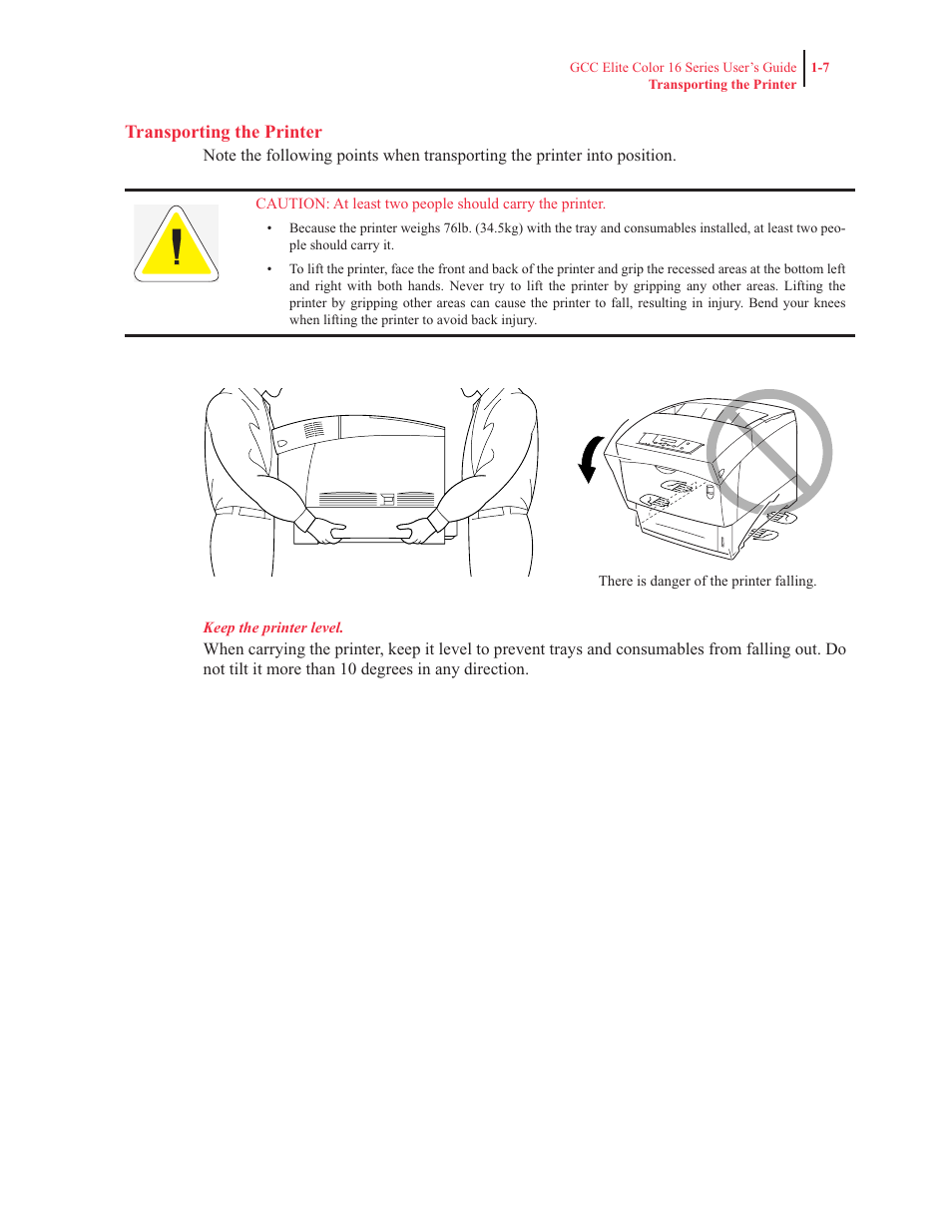 Transporting the printer | GCC Printers 16 User Manual | Page 27 / 196