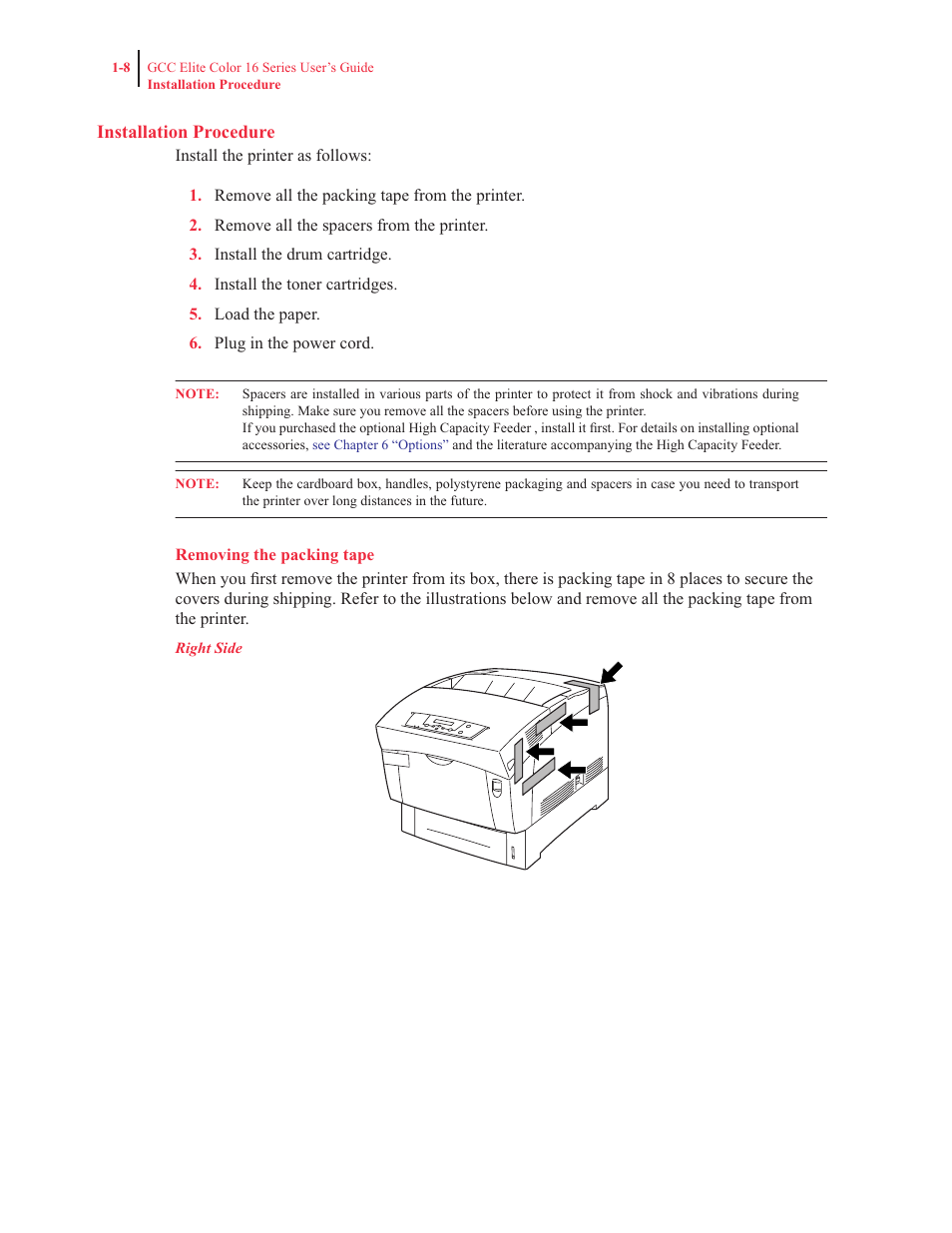 Installation procedure, Removing the packing tape | GCC Printers 16 User Manual | Page 28 / 196