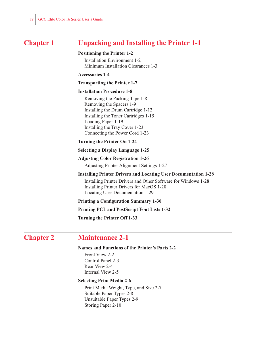 Chapter 1 unpacking and installing the printer 1-1, Chapter 2 maintenance 2-1 | GCC Printers 16 User Manual | Page 4 / 196