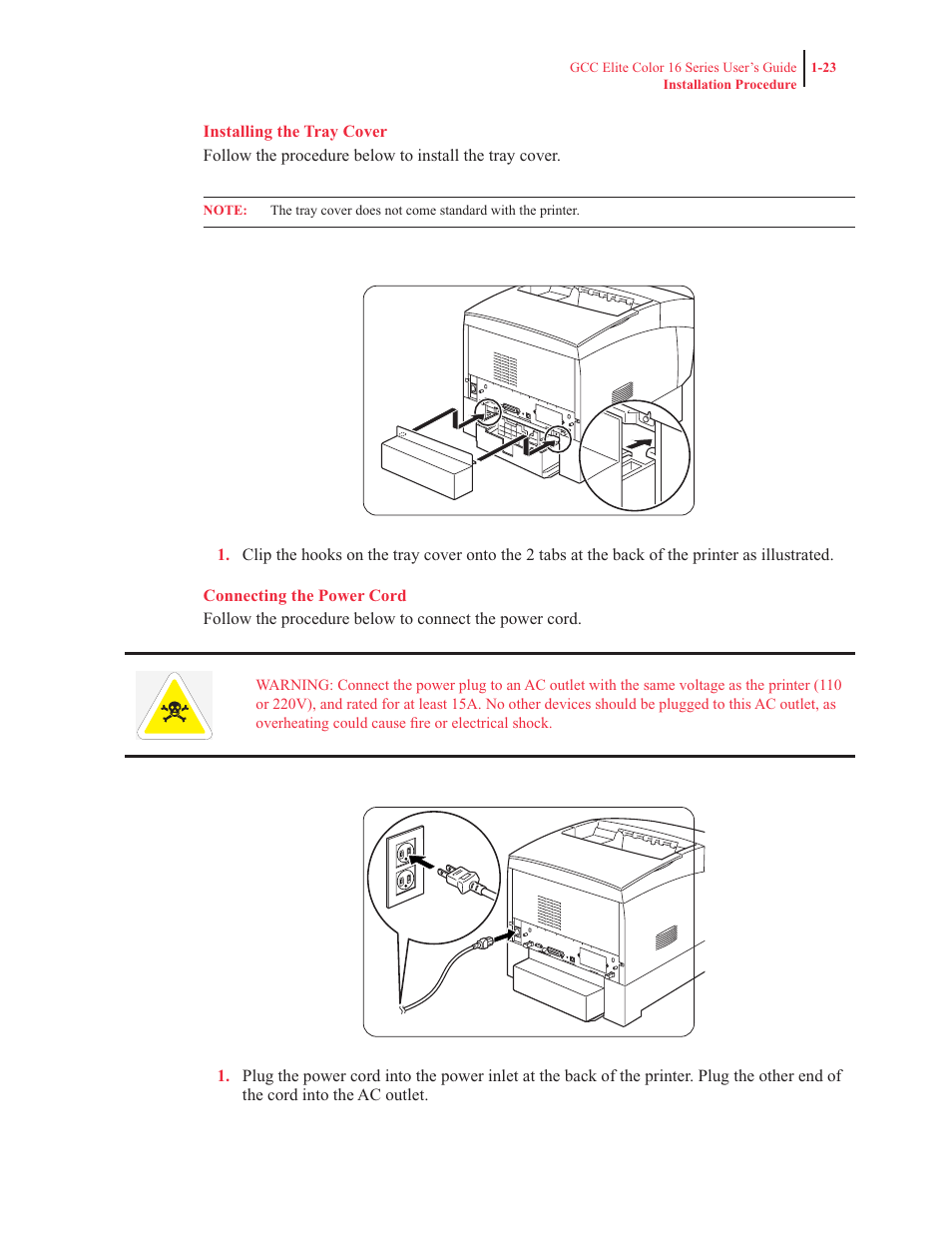 Installing the tray cover, Connecting the power cord | GCC Printers 16 User Manual | Page 43 / 196