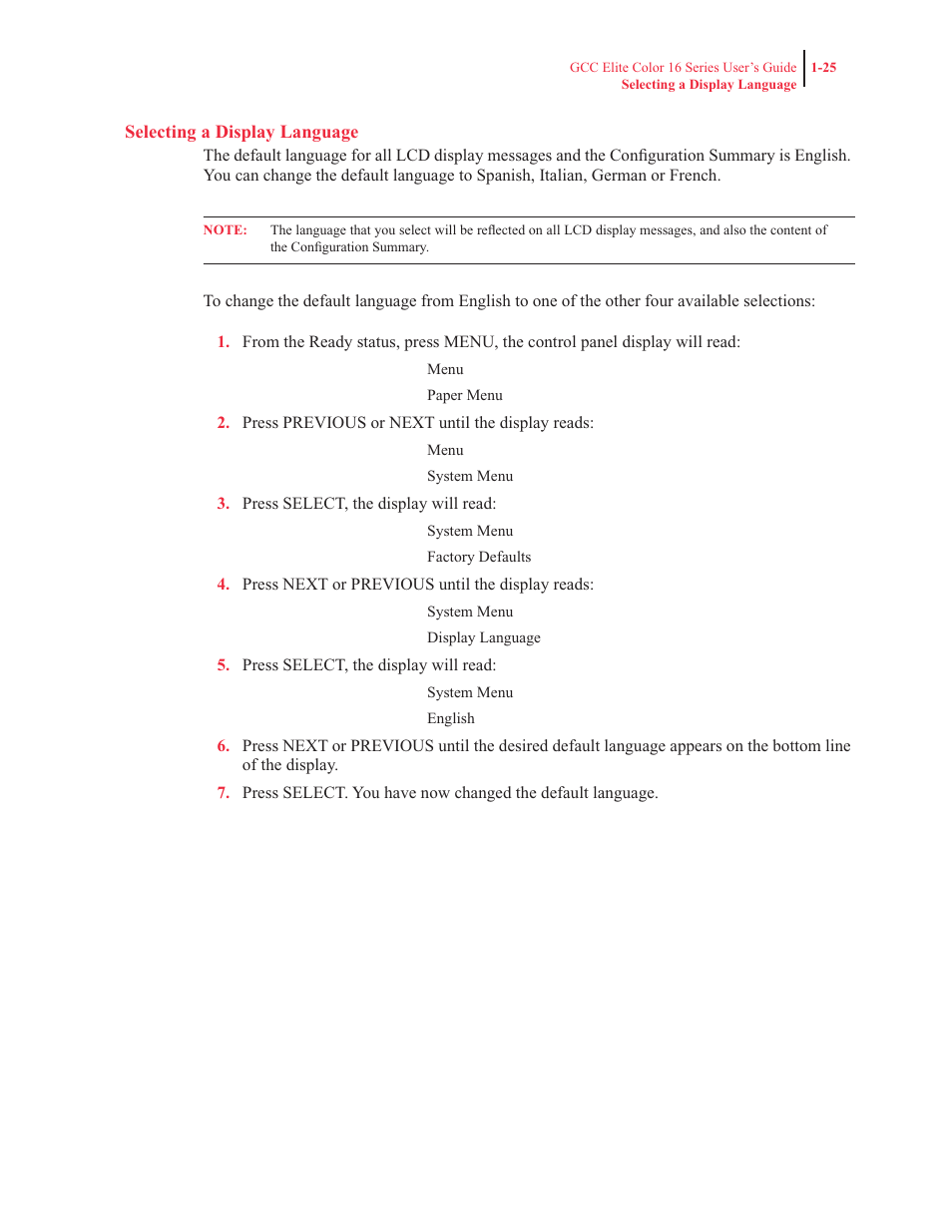 Selecting a display language | GCC Printers 16 User Manual | Page 45 / 196