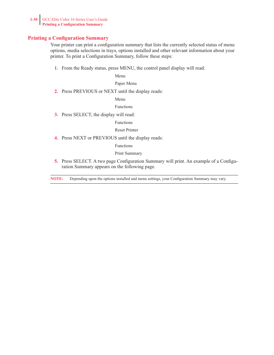 Printing a configuration summary | GCC Printers 16 User Manual | Page 50 / 196