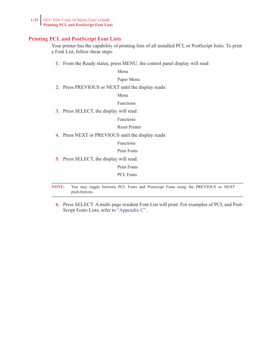 Printing pcl and postscript font lists | GCC Printers 16 User Manual | Page 52 / 196