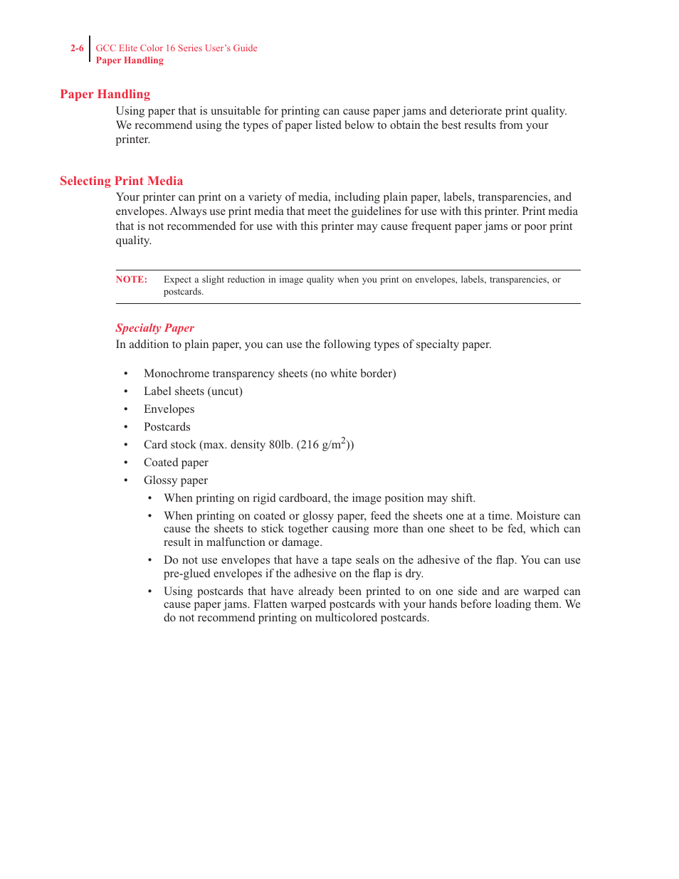 Paper handling, Selecting print media | GCC Printers 16 User Manual | Page 59 / 196