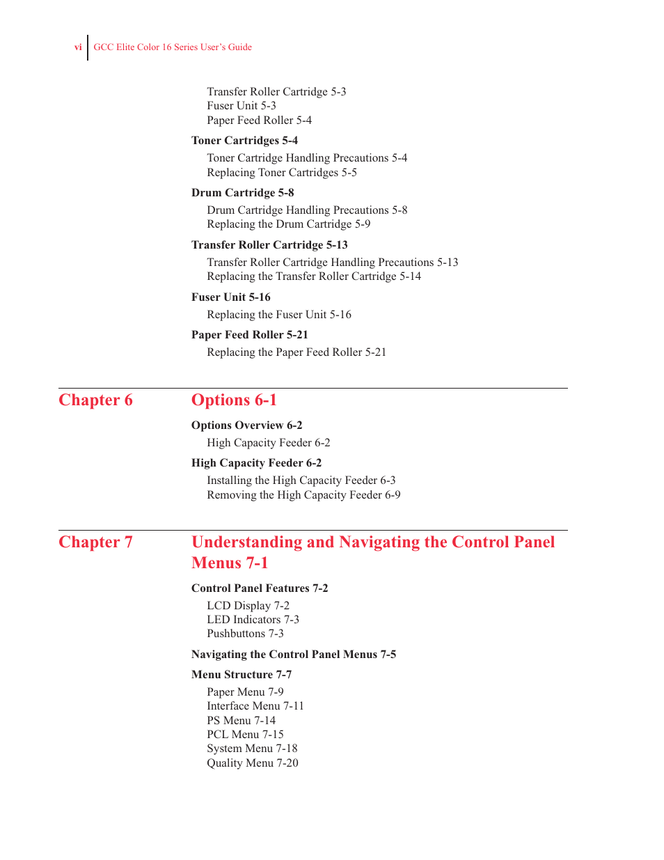 Chapter 6 options 6-1 | GCC Printers 16 User Manual | Page 6 / 196