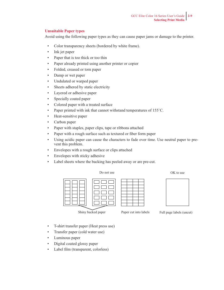 Unsuitable paper types | GCC Printers 16 User Manual | Page 62 / 196