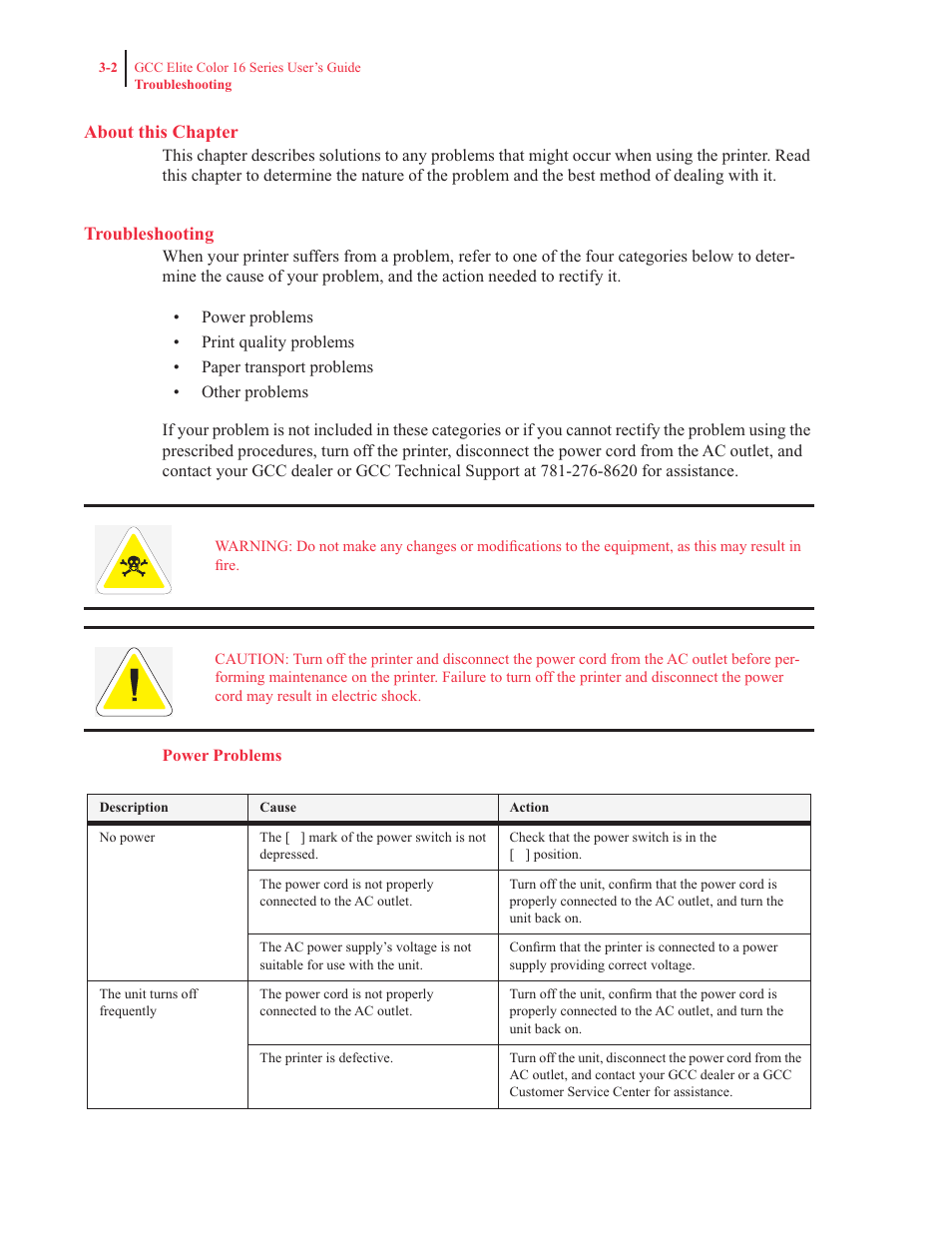 About this chapter, Troubleshooting, Power problems | GCC Printers 16 User Manual | Page 85 / 196