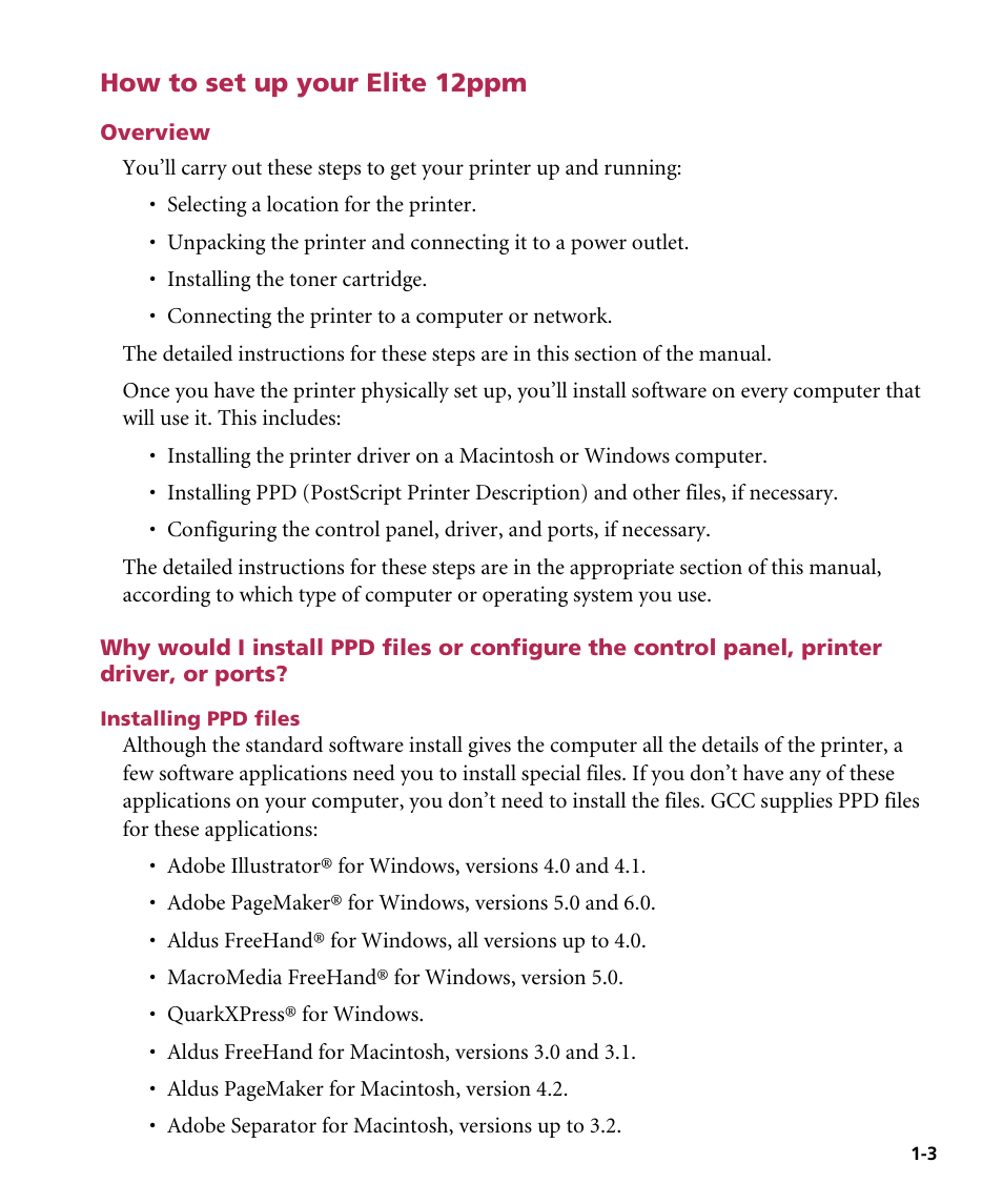 How to set up your elite 12ppm, Overview, Installing ppd files | Driver, or ports | GCC Printers Elite 12ppm User Manual | Page 10 / 193